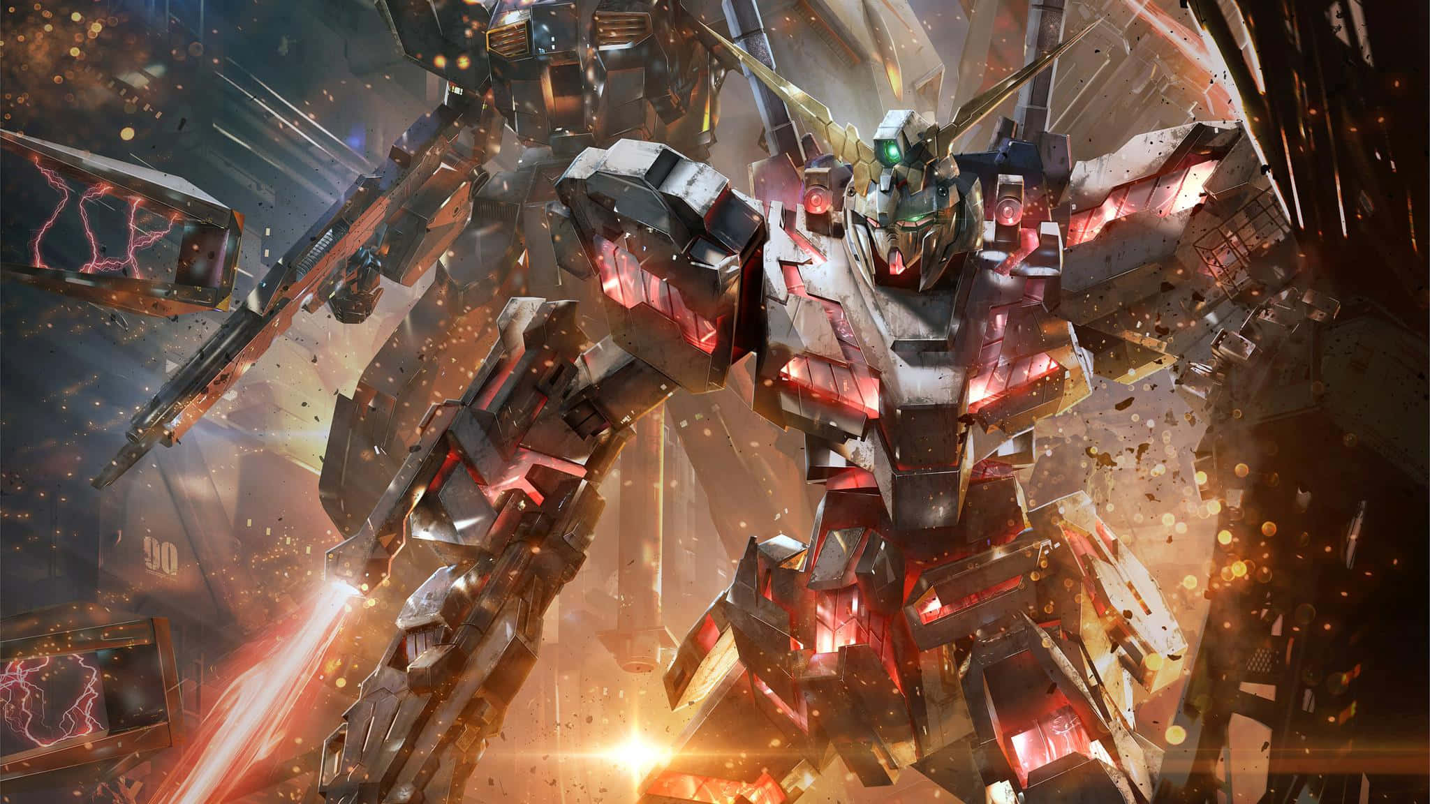 Gundam Unicorn, red internals, fiery backdrop, Full HD Desktop Wallpaper