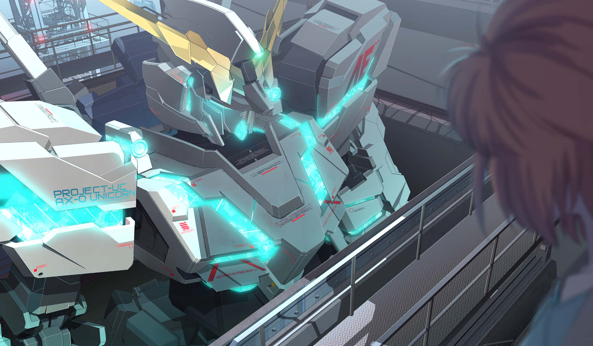 Gundam Unicorn, white and gold mech, glowing cyan accents, Full HD Desktop Wallpaper