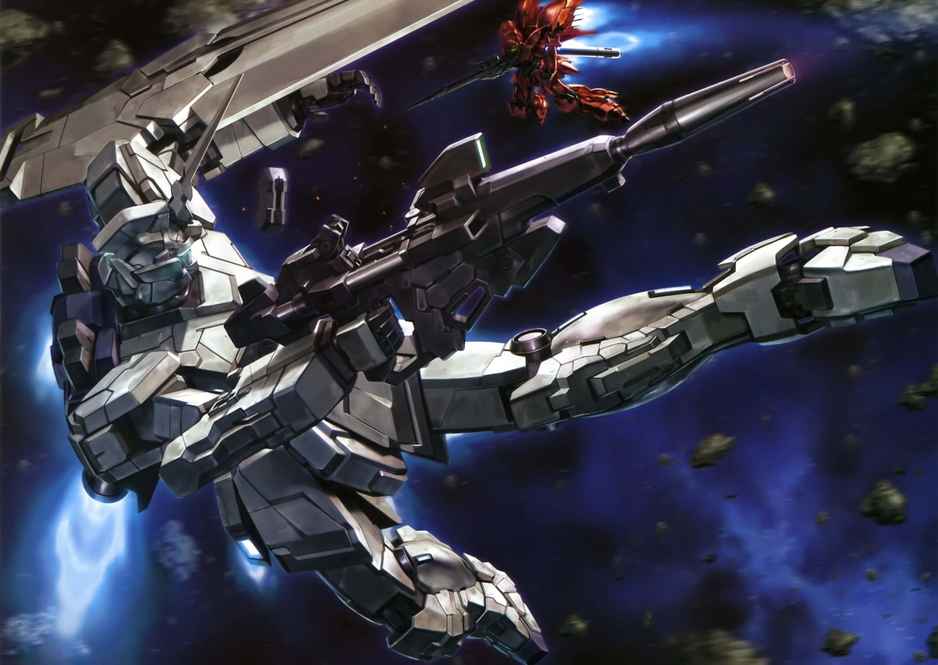 Gundam Unicorn, silver mobile suit, beam rifle, 2K Desktop Wallpaper