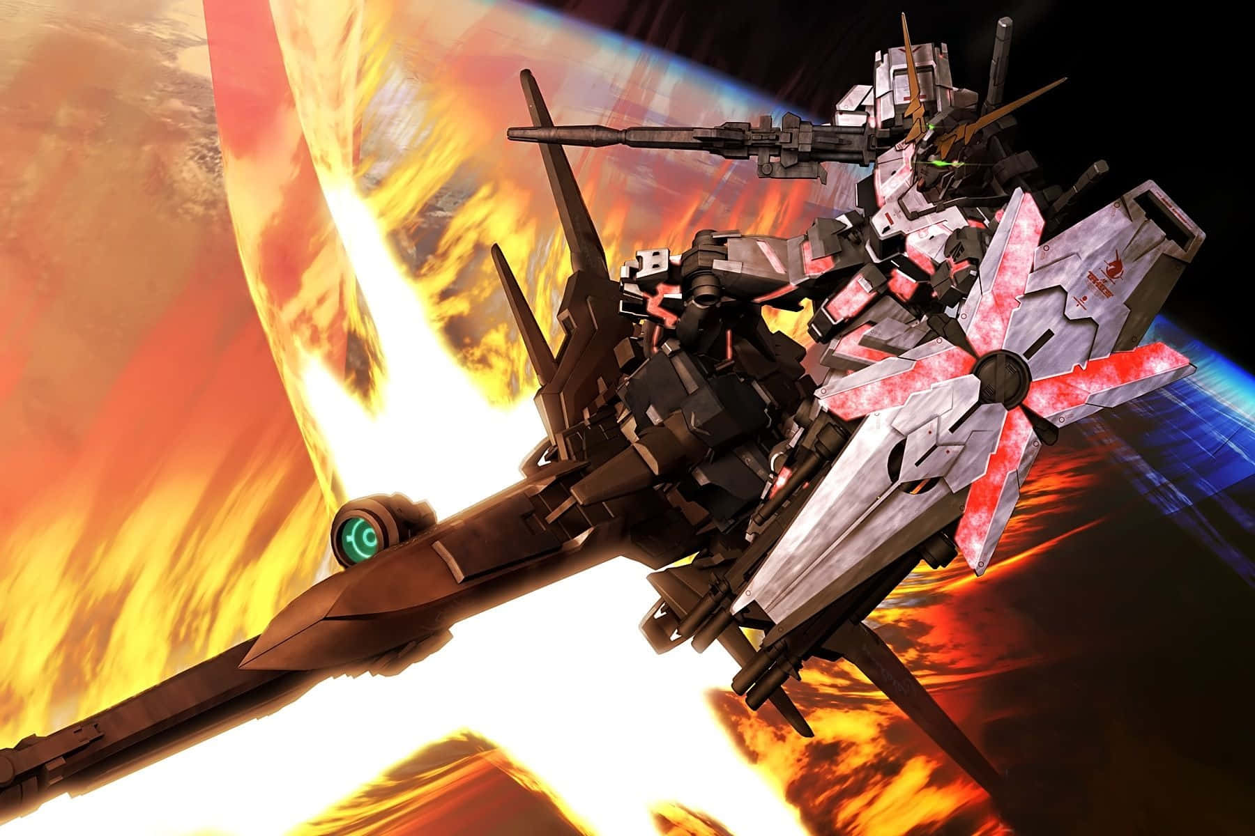 Gundam Unicorn, giant mechs, fiery space battle, HD Desktop Wallpaper