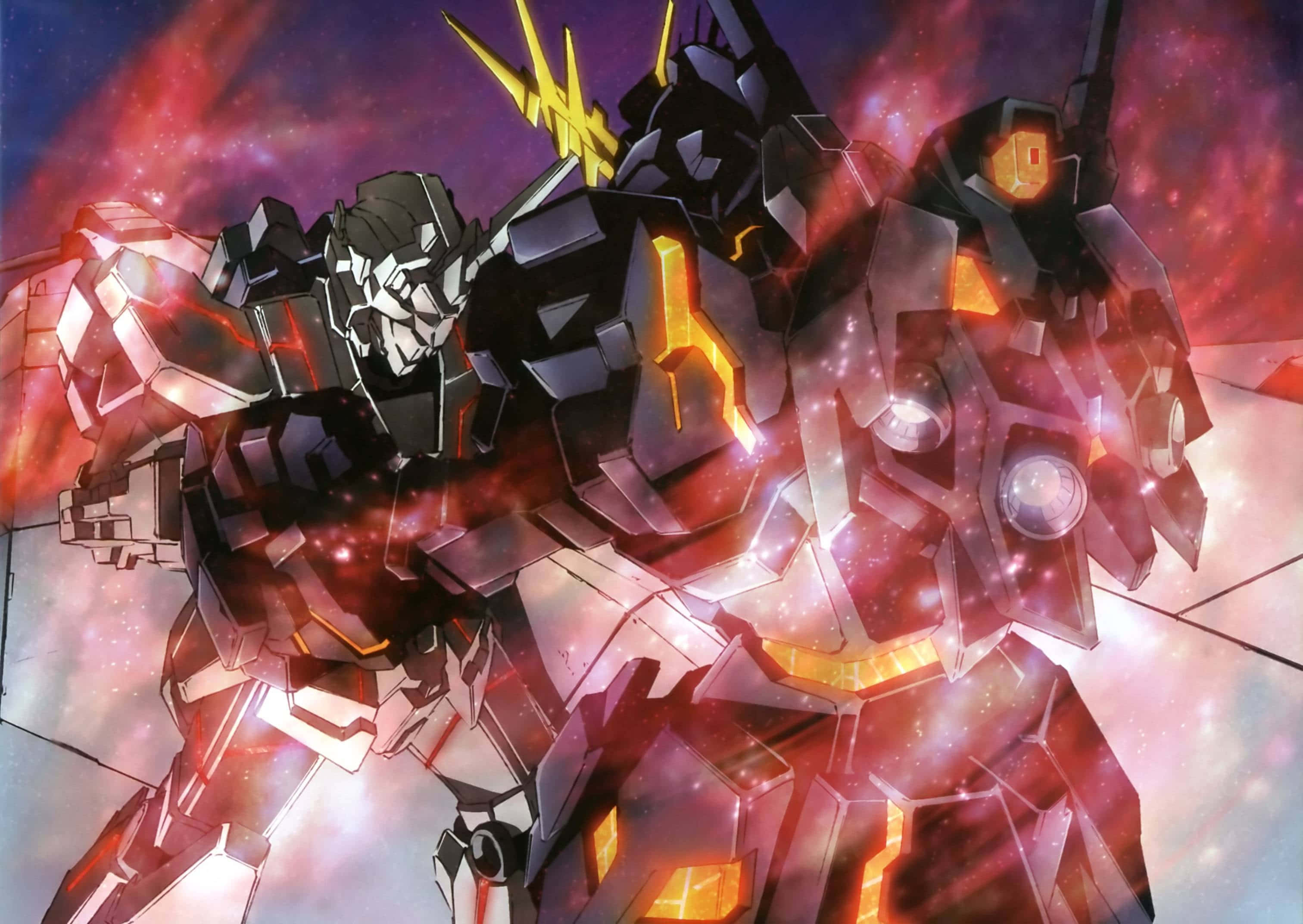 Gundam Unicorn, black and gold, cosmic nebula, 2K Desktop Wallpaper