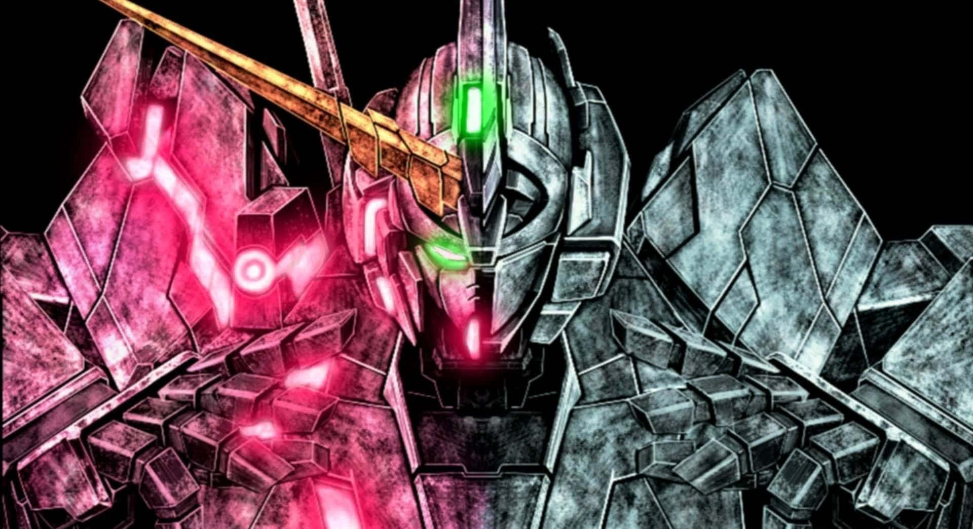 Gundam Unicorn, glowing green eyes, pink energy accents, Full HD Desktop Wallpaper