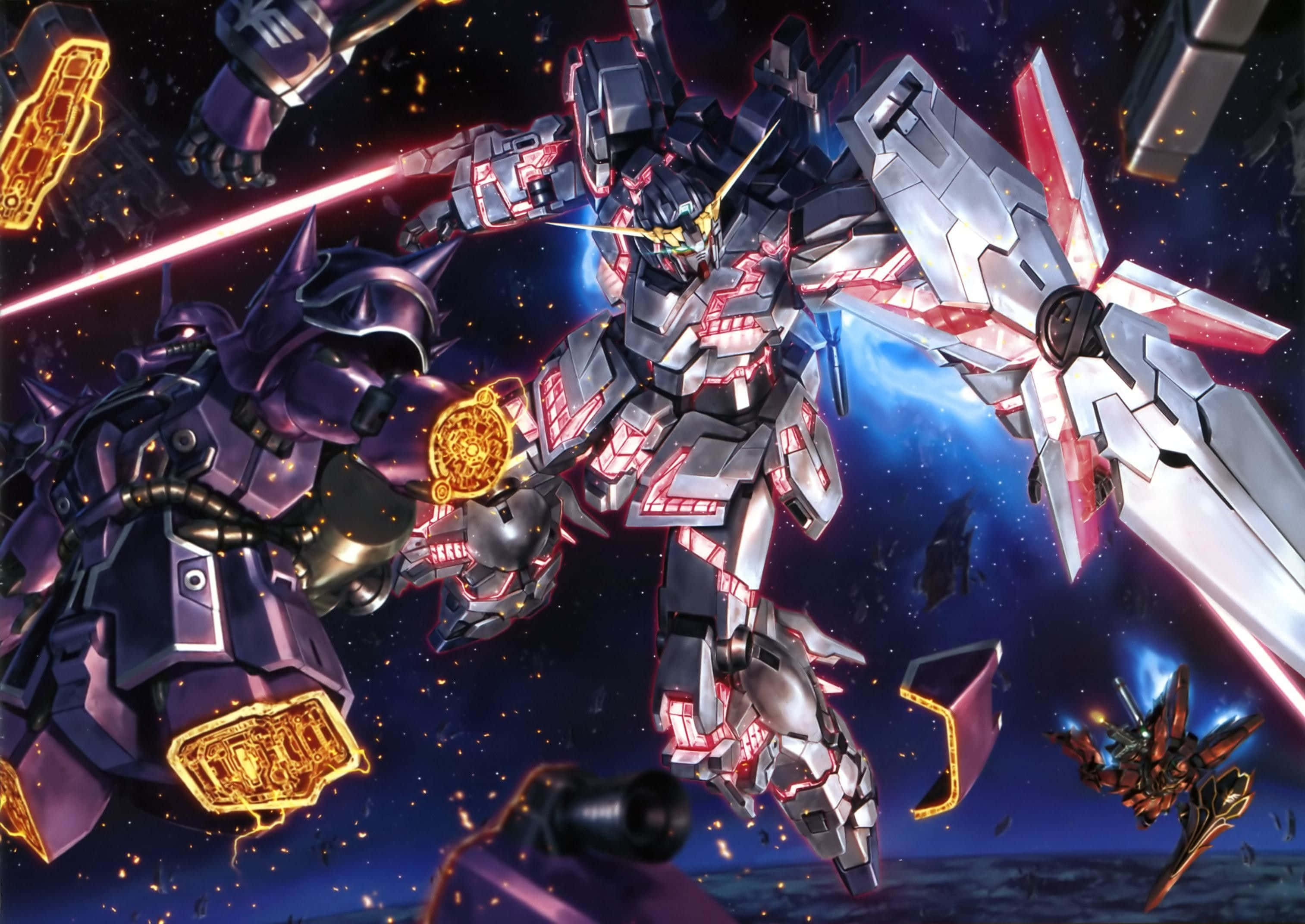 Gundam Unicorn, silver and red mobile suit, purple mech, 2K Desktop Wallpaper