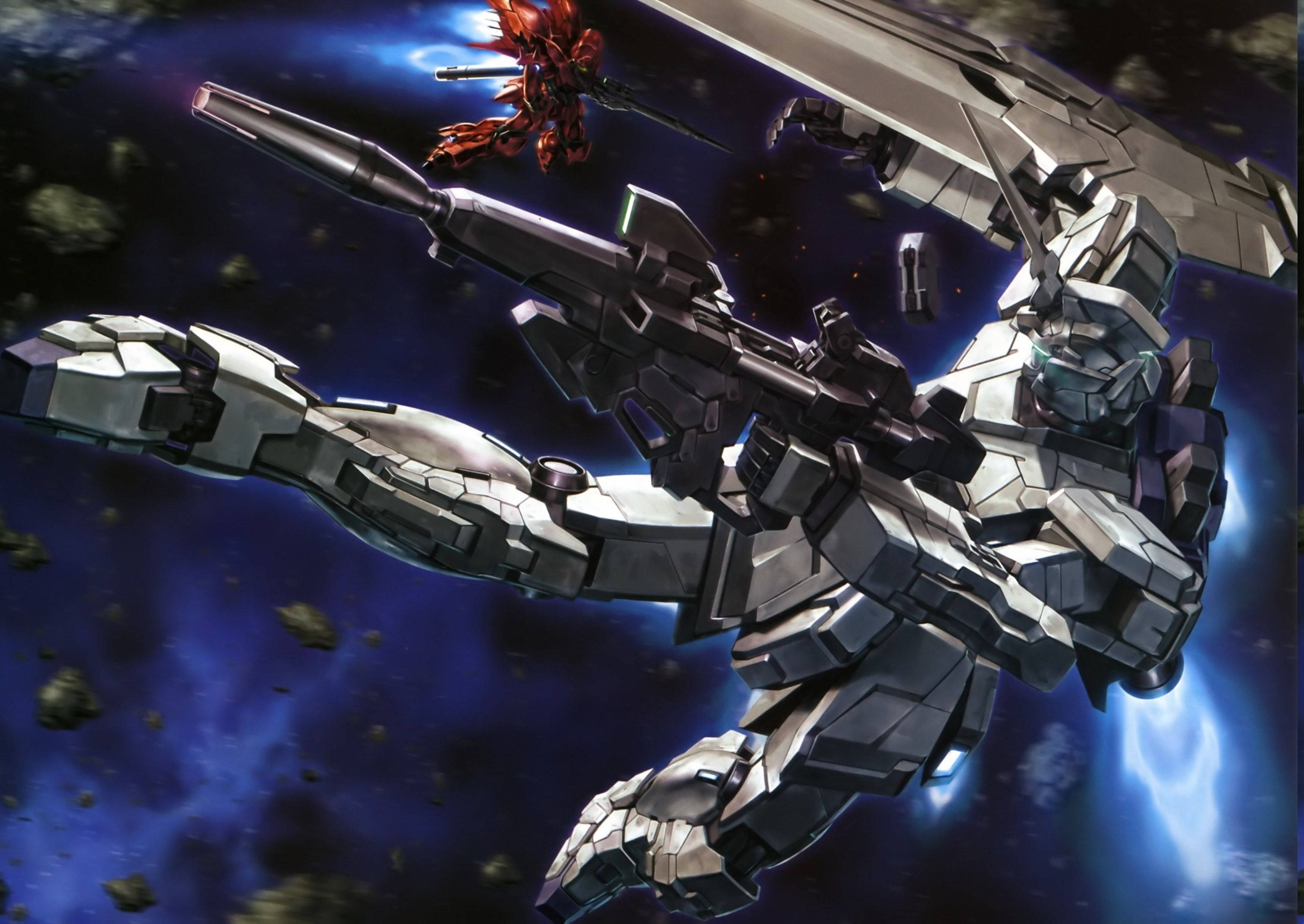 Gundam Unicorn, silver mobile suit, beam rifle, 2K Desktop Wallpaper