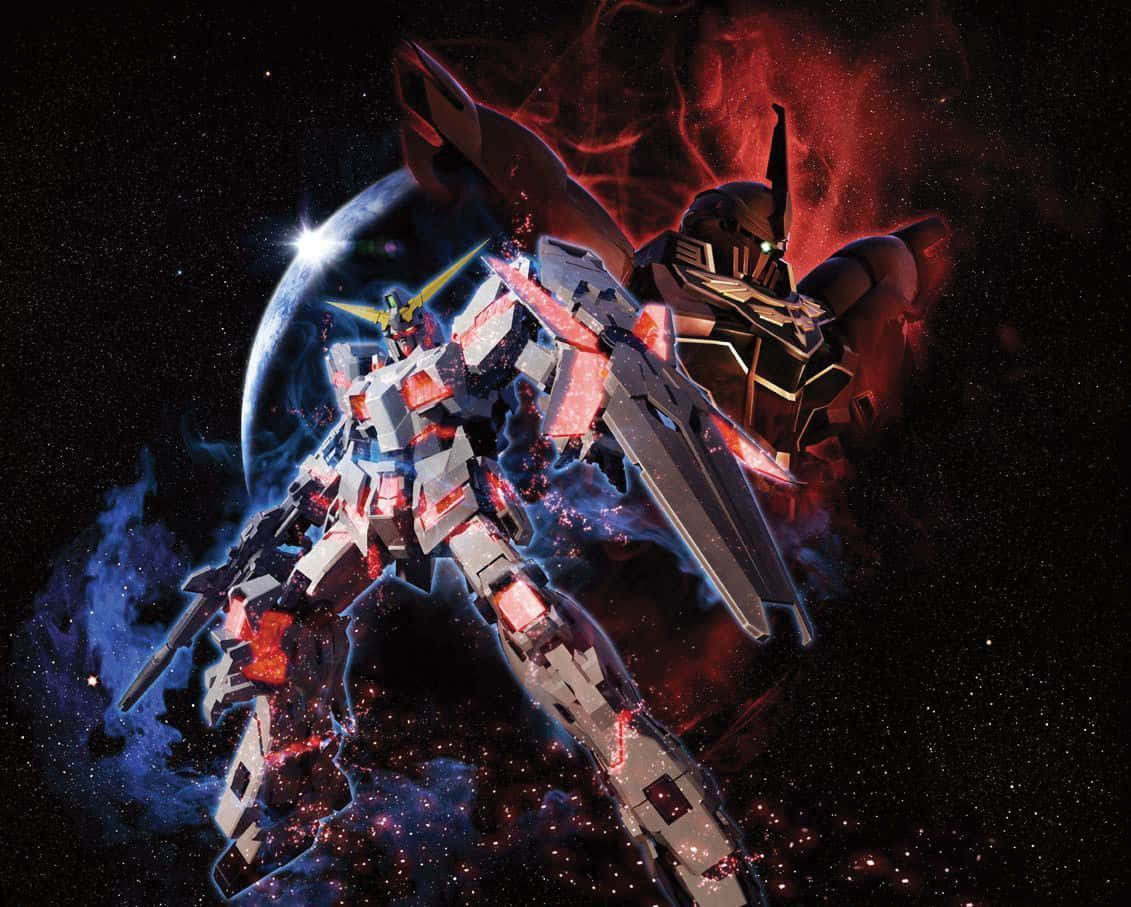 Gundam Unicorn, vibrant red and blue nebula, glowing planet, SD Desktop Wallpaper