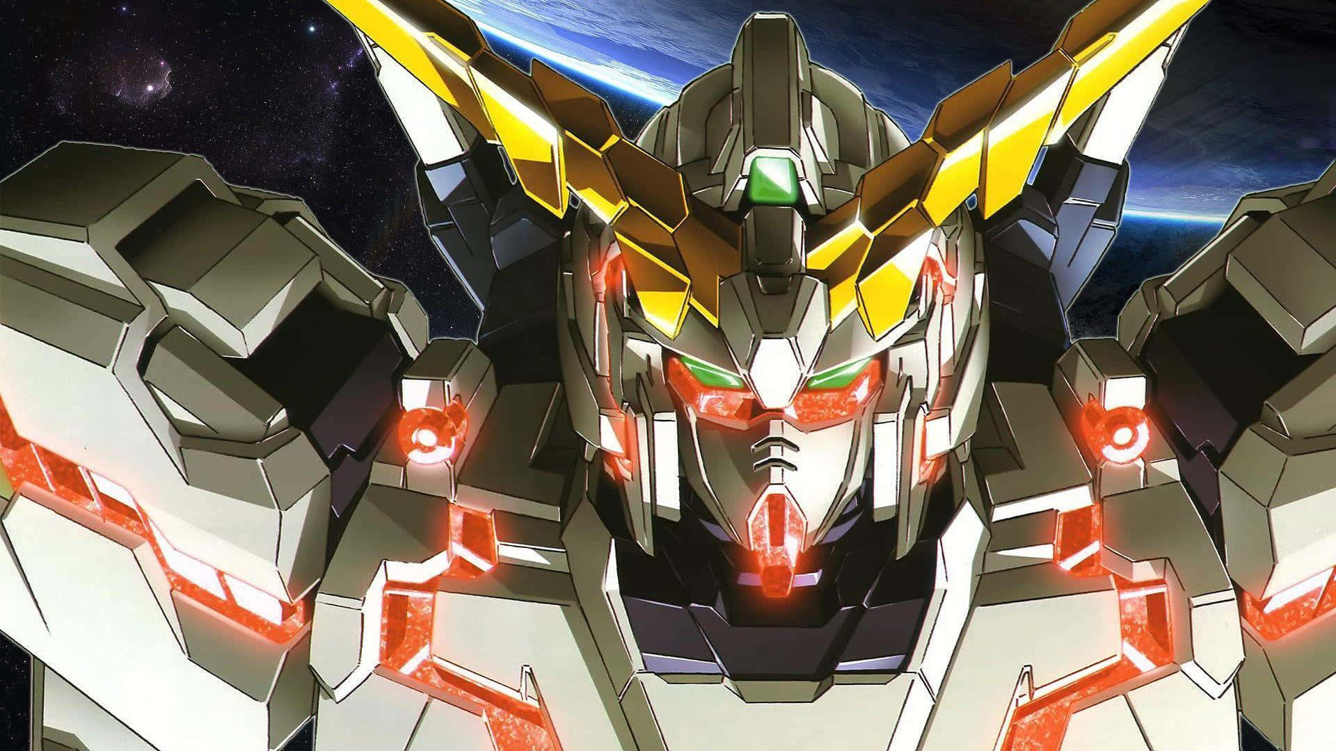 Gundam Unicorn, white and gold, glowing red eyes, Full HD Desktop Wallpaper
