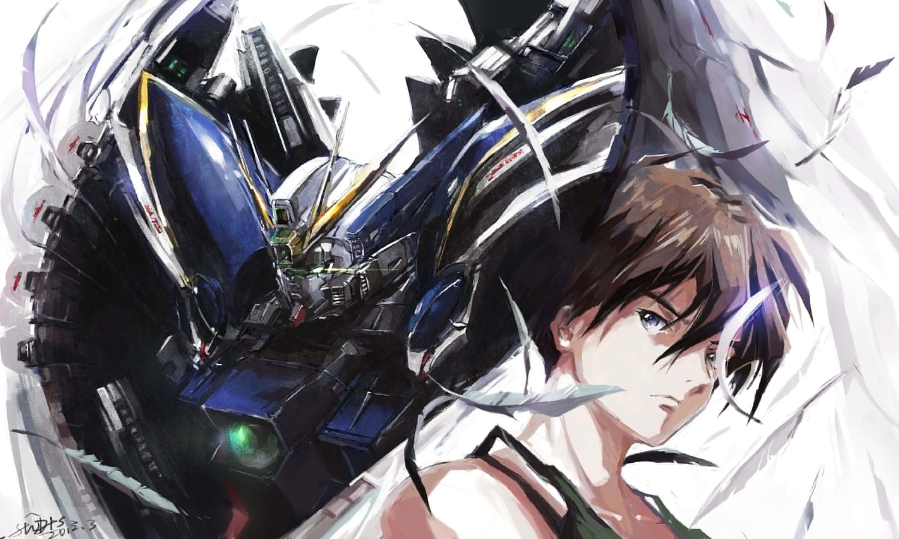 Gundam Wing, blue and silver mech, glowing green eyes, 2K Desktop Wallpaper