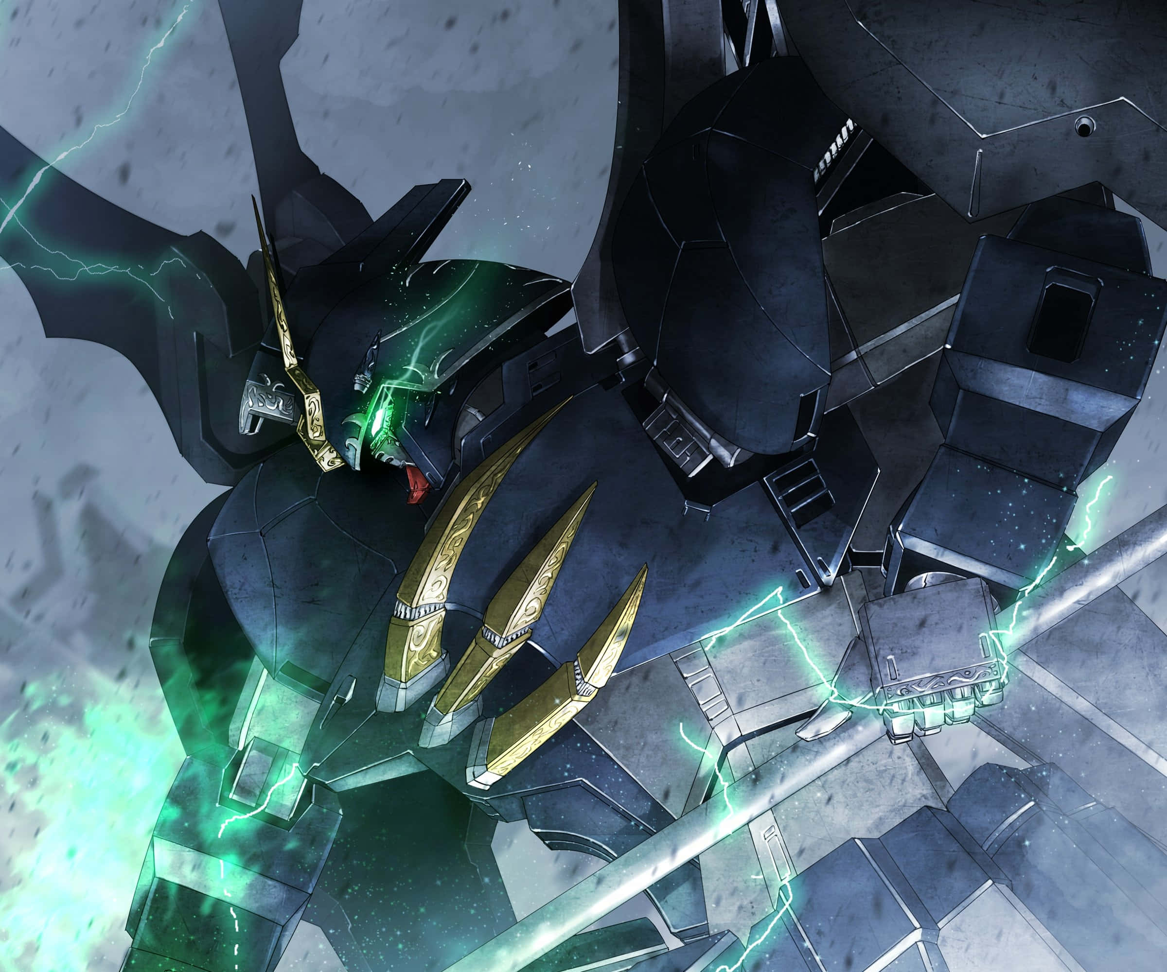 Gundam Wing, black and gold, glowing green eyes, Full HD Desktop Wallpaper