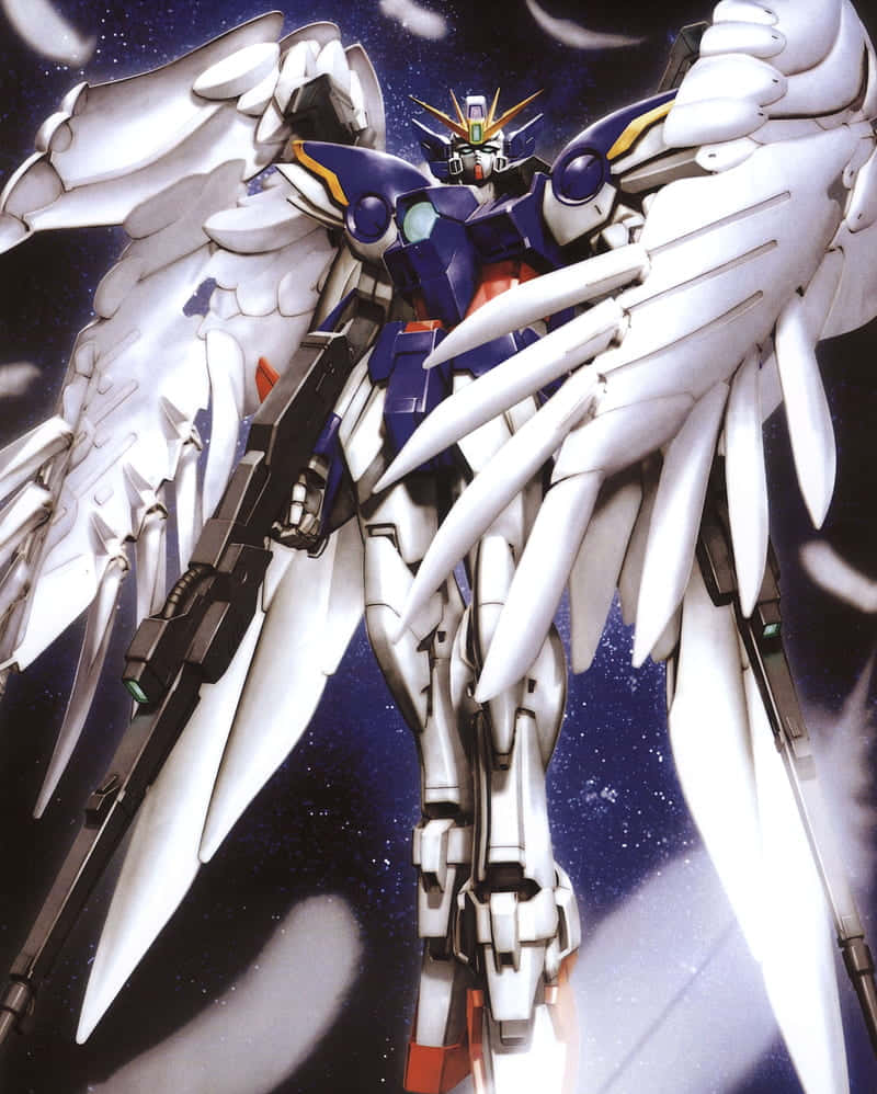Gundam Wing, white and blue Gundam, expansive feathered wings, SD Phone Wallpaper
