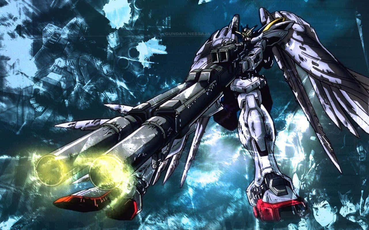 Gundam Wing, white and black mobile suit, glowing yellow thrusters, HD Desktop Wallpaper