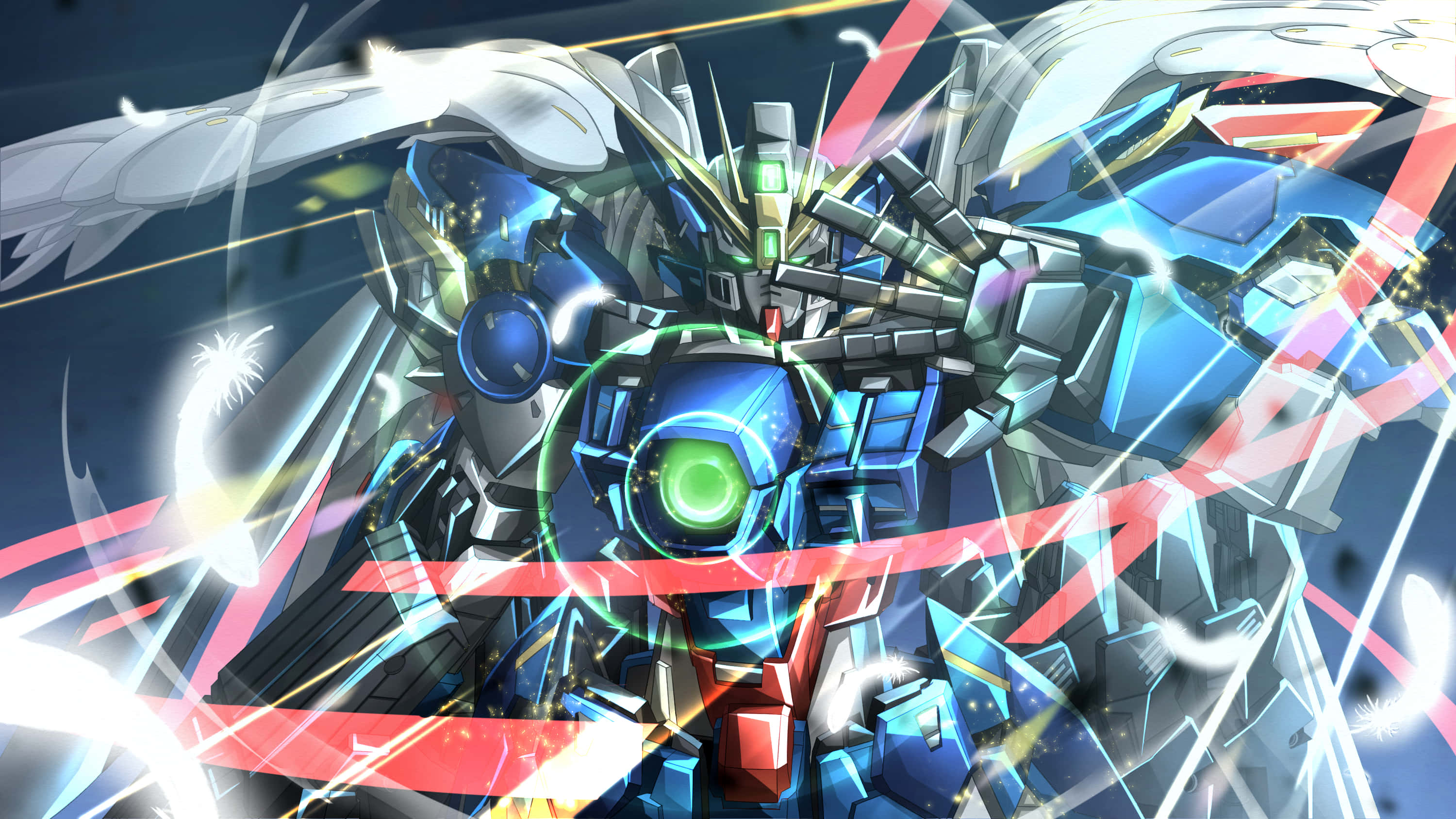 Gundam Wing, blue and white mecha, glowing green eyes, 2K Desktop Wallpaper
