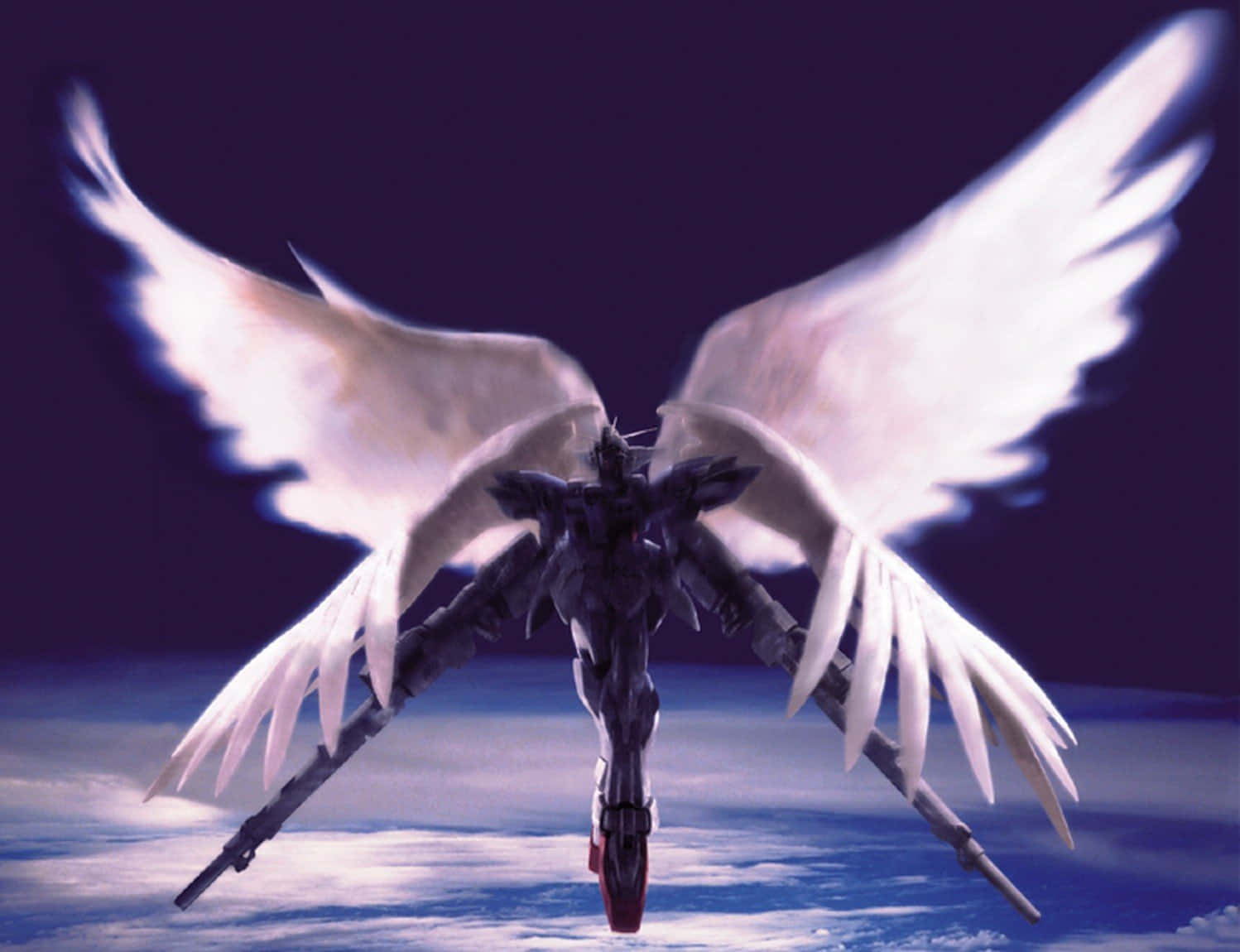 Gundam Wing, massive white angel wings, deep purple sky, HD Desktop Wallpaper