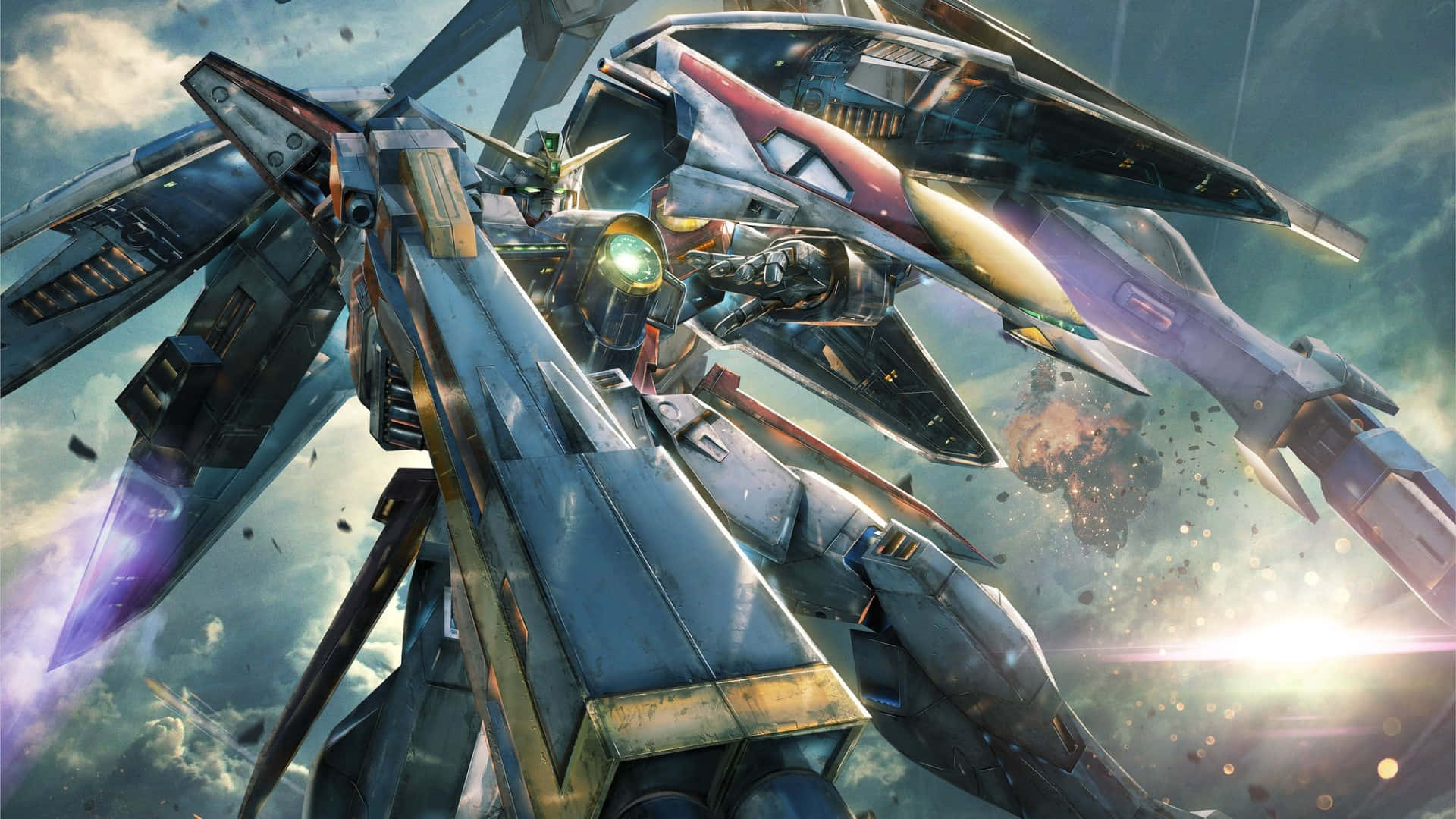 Gundam Wing, giant mechs, midair, Full HD Desktop Wallpaper