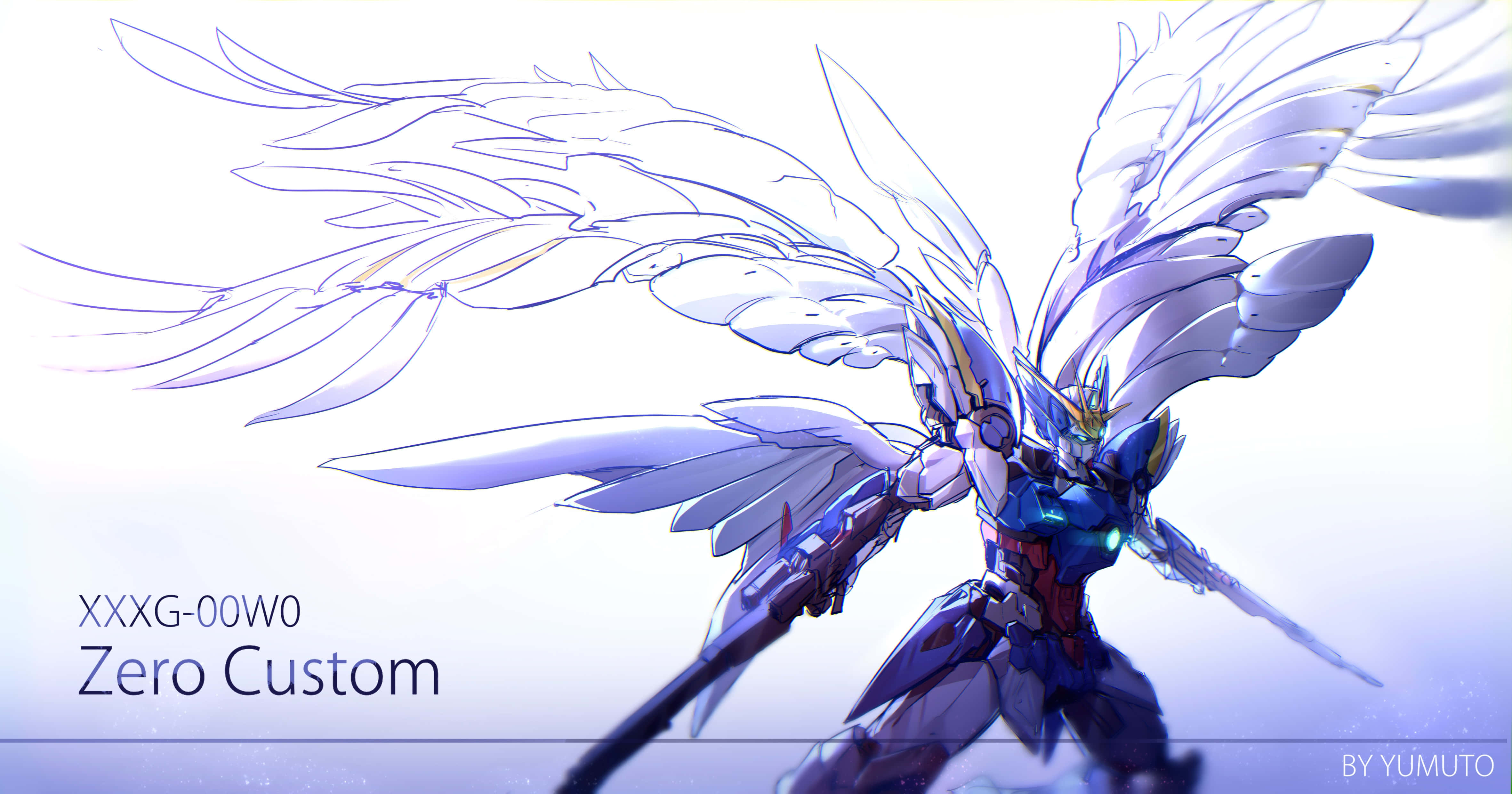 Gundam Wing, blue and white mech, expansive feathered wings, 4K Desktop Wallpaper