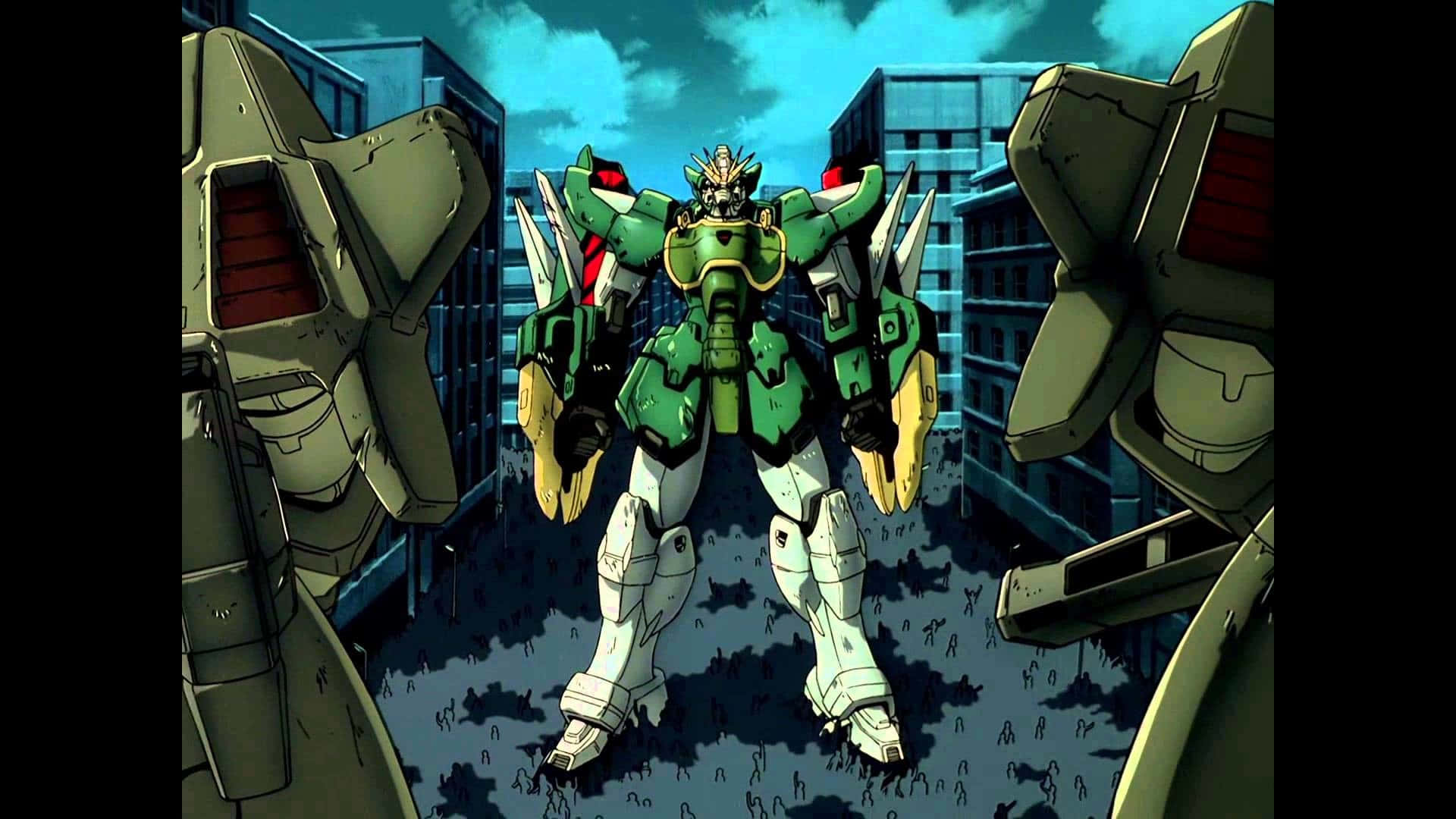 Gundam Wing, green and white anime mech, ruined city street, Full HD Desktop Wallpaper