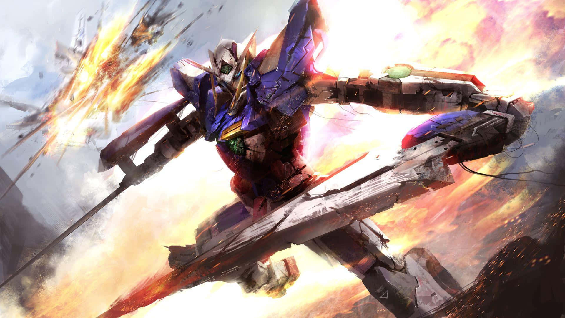 Gundam, blue and red mobile suit, fiery explosions, Full HD Desktop Wallpaper