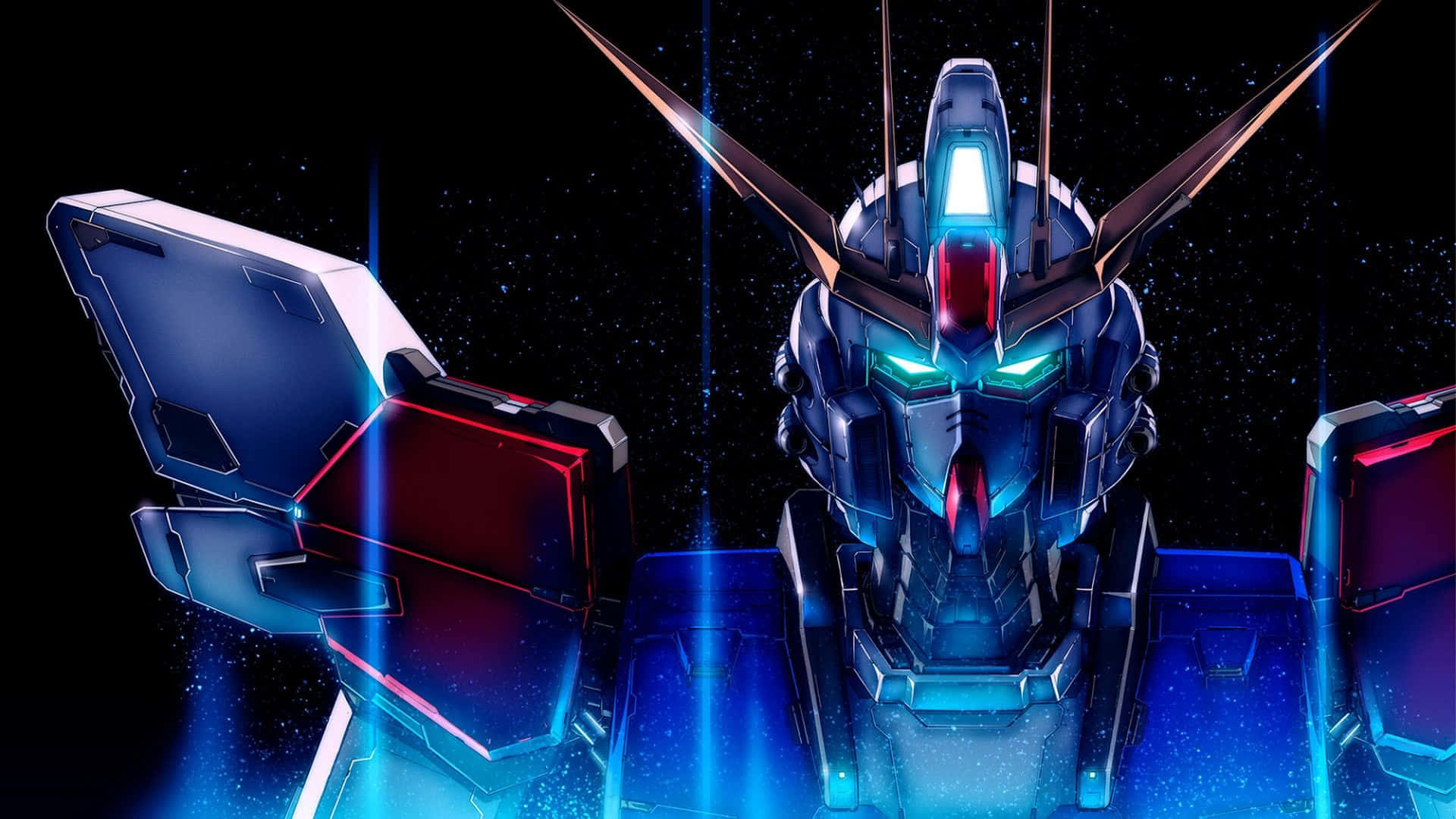 Gundam, futuristic blue and red robot, glowing eyes, Full HD Desktop Wallpaper