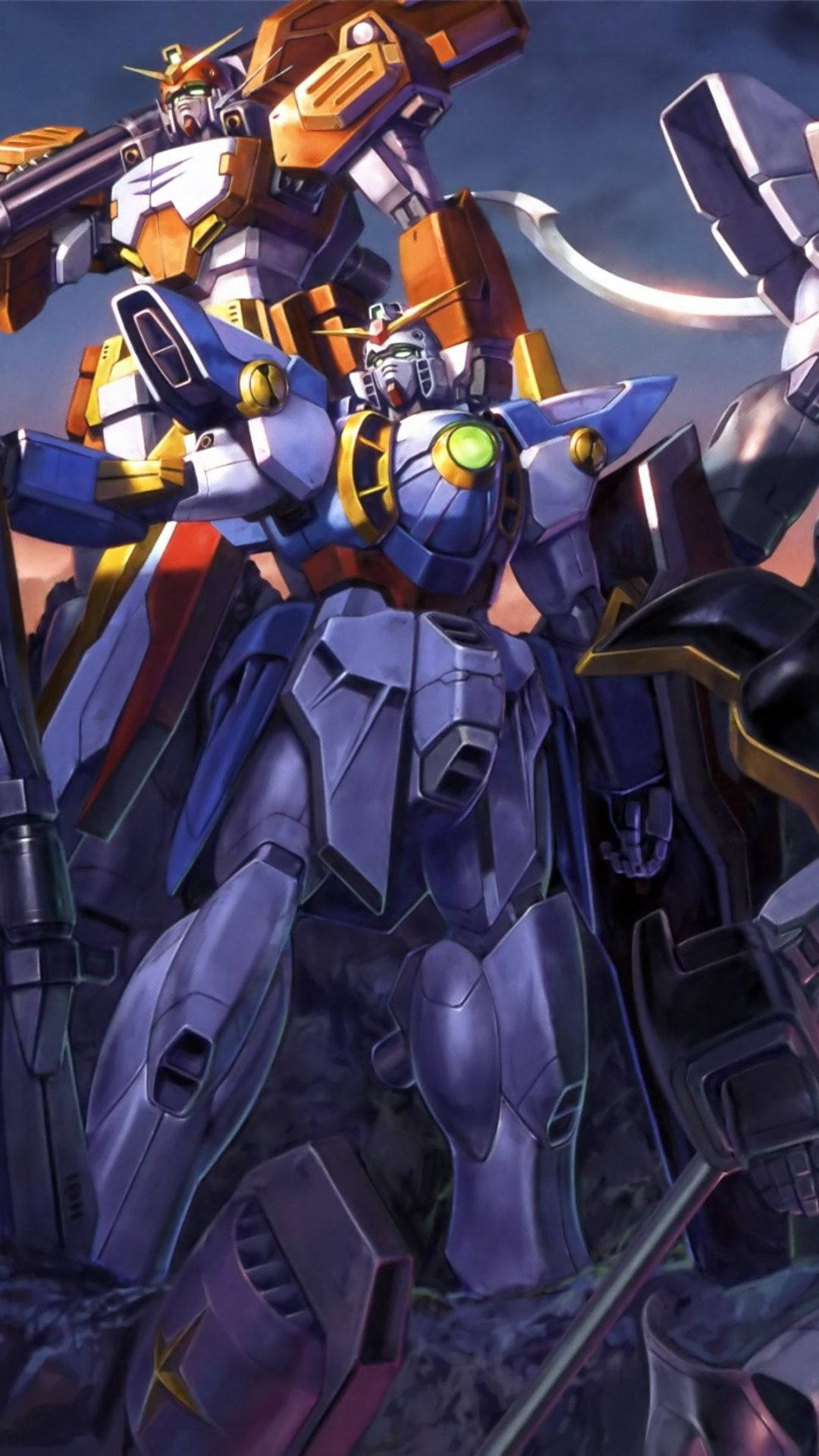 Gundam, twilight sky, glowing green eyes, Full HD Phone Wallpaper