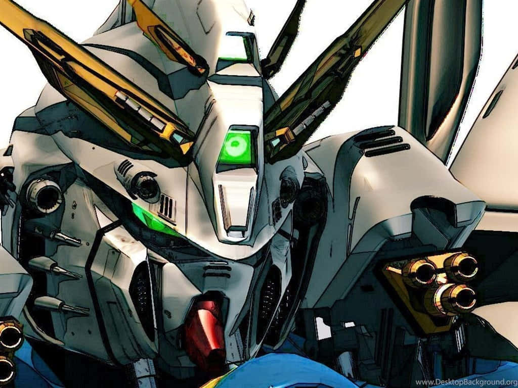 Gundam, white and gold mecha, glowing green eyes, SD Desktop Wallpaper
