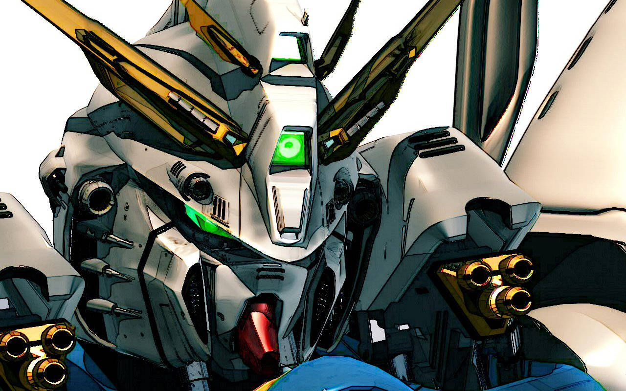 Gundam Suit, white and gold mecha, glowing green eyes, HD Desktop Wallpaper