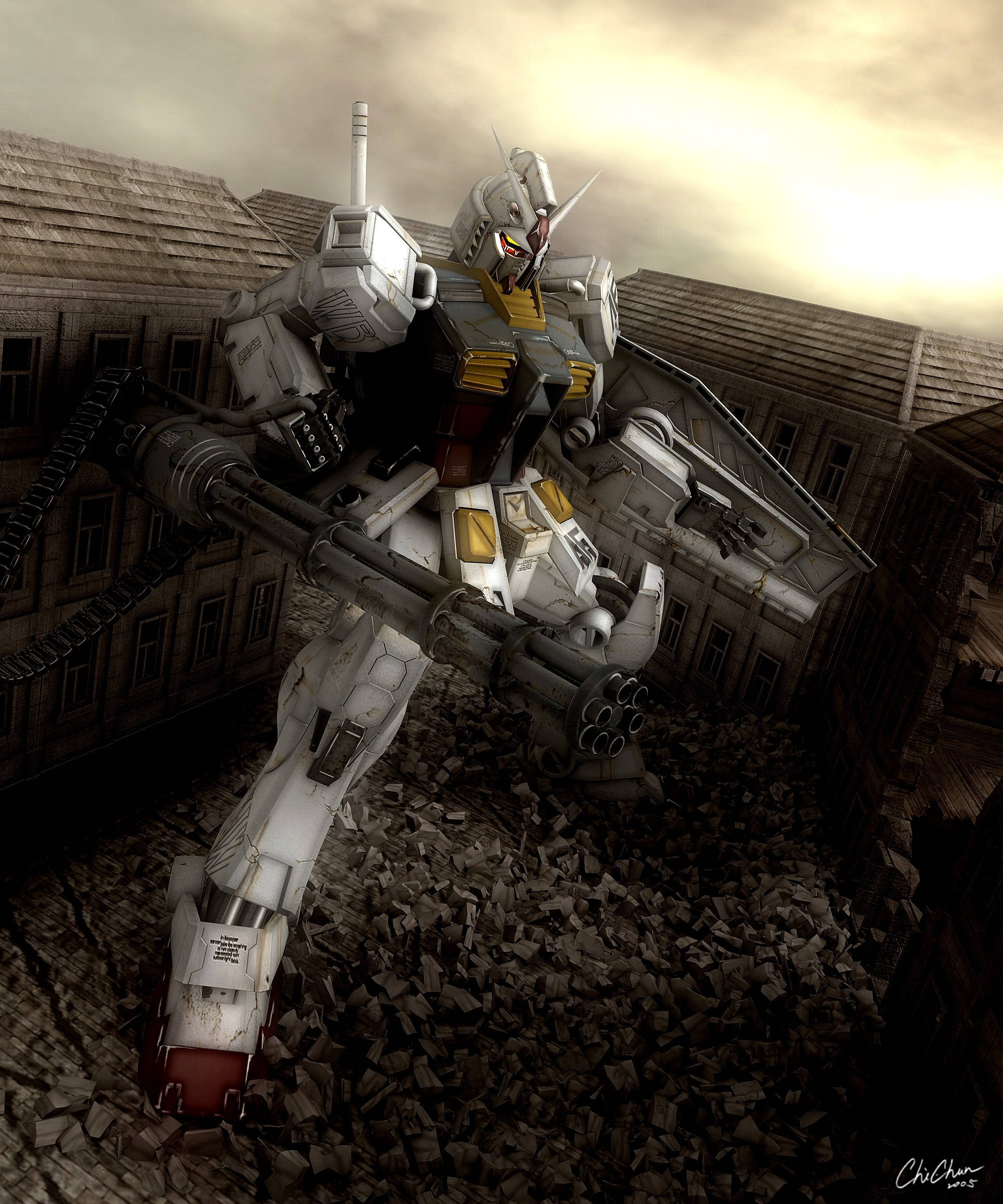 Gundam, white and gold mech, ruined urban setting, 2K Phone Wallpaper