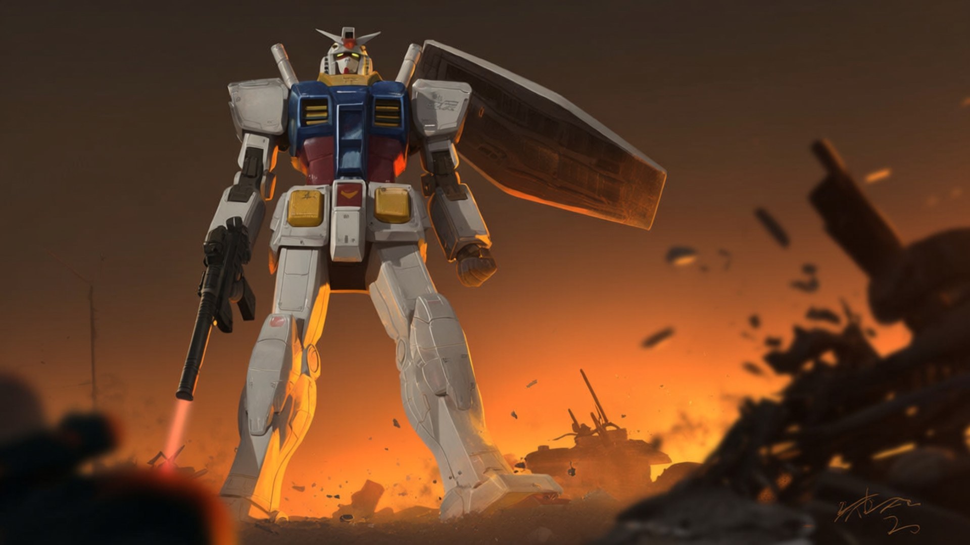 Sunset Gundam, white blue and red Gundam, fiery orange battlefield, Full HD Desktop Wallpaper