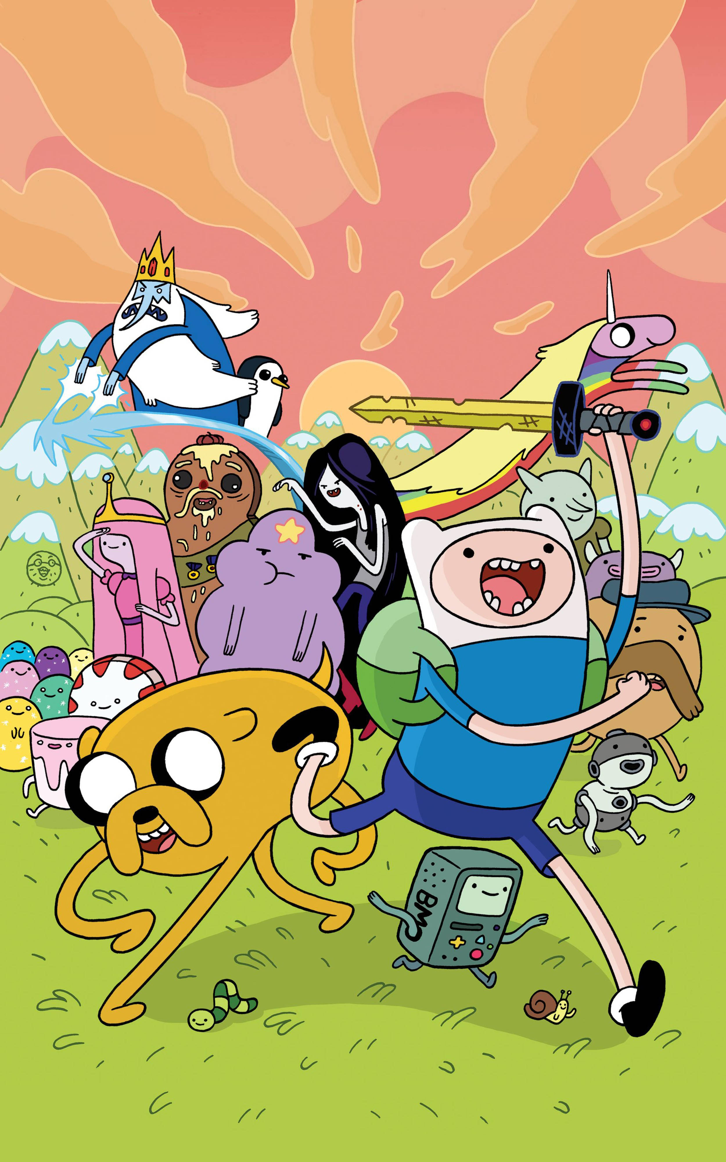Adventure Time, fiery sunset sky, vibrant grassy field, 4K Phone Wallpaper