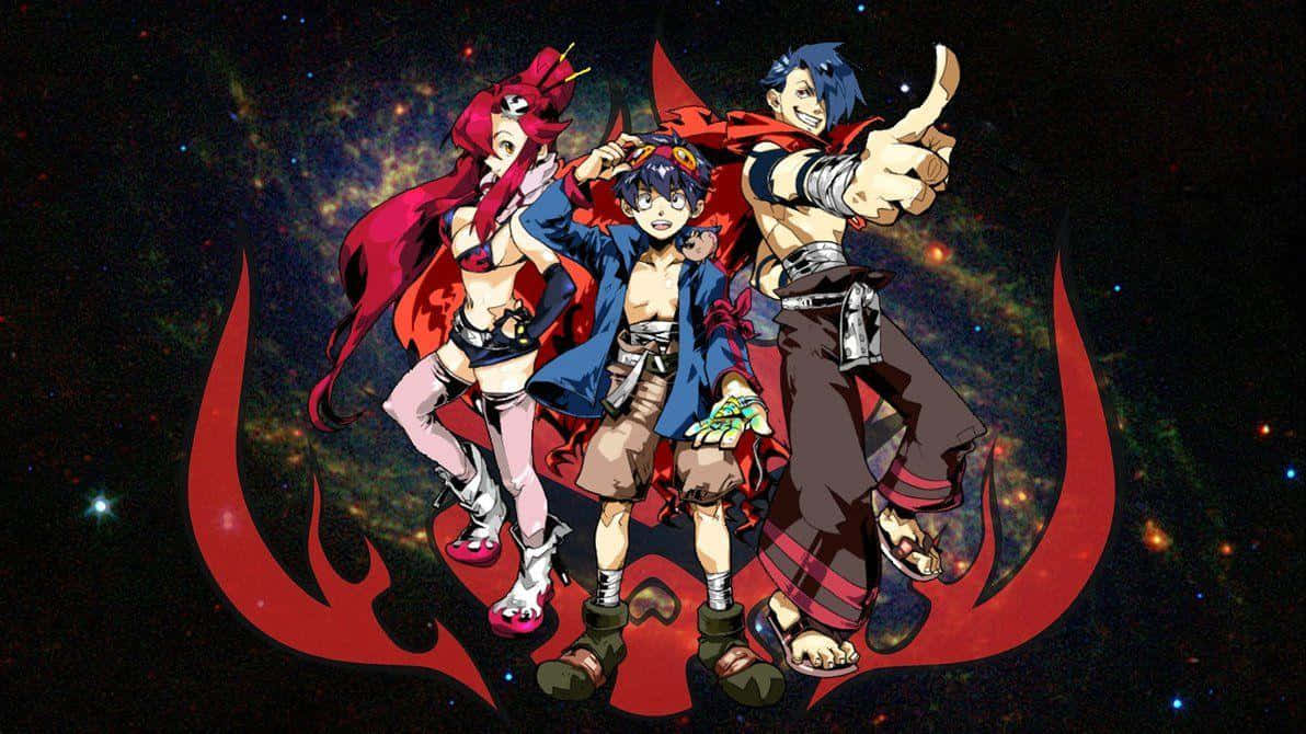 Gurren Lagann Simon, red capes, starry cosmic backdrop, SD Desktop Wallpaper