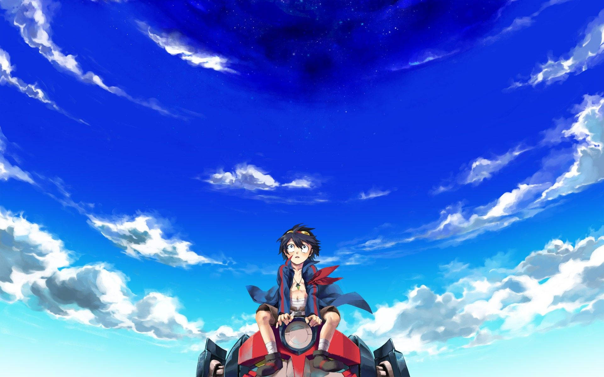 Gurren Lagann Simon, blue sky, red vehicle, Full HD Desktop Wallpaper