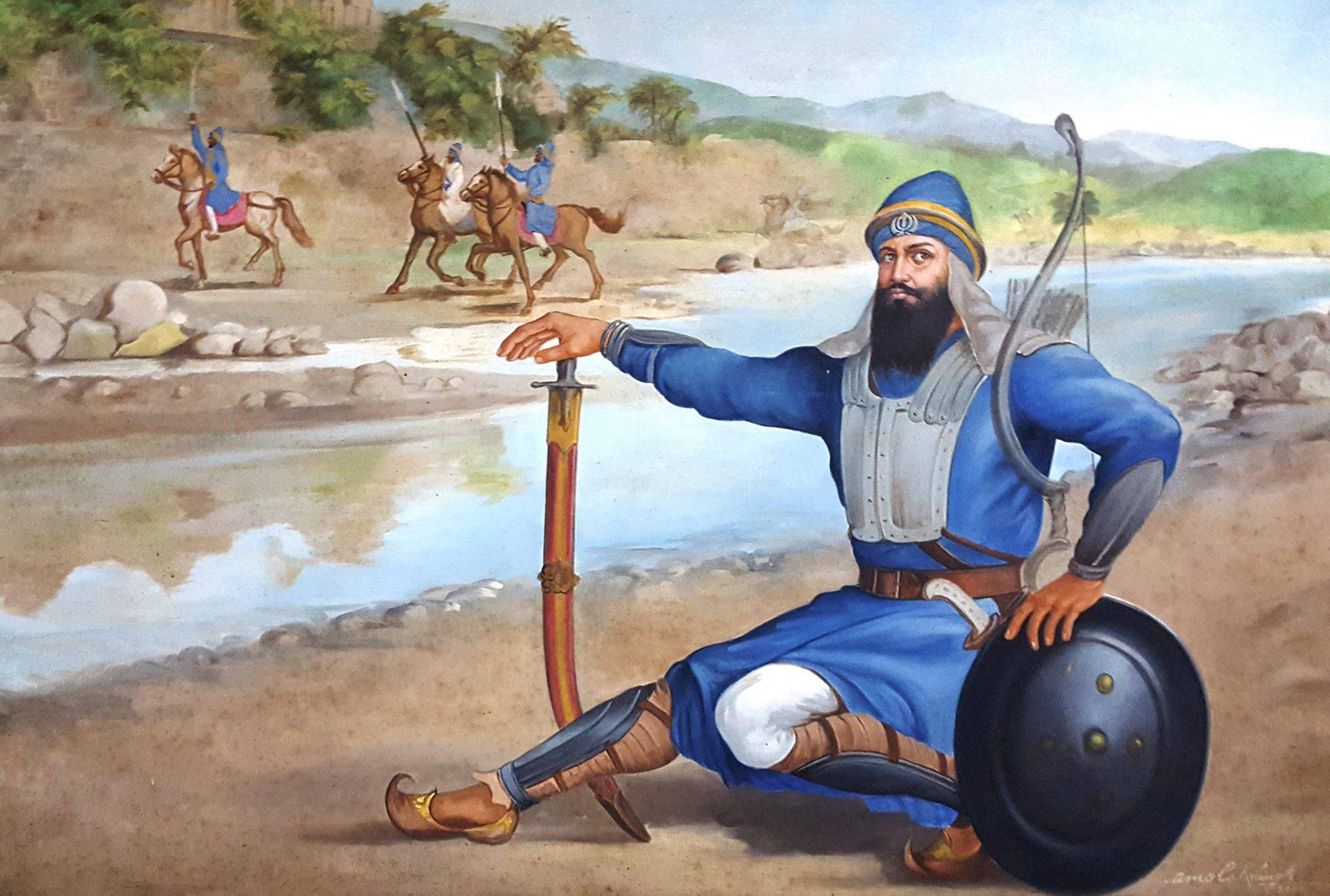 Guru Gobind Singh Ji, blue uniform, river, Full HD Desktop Wallpaper