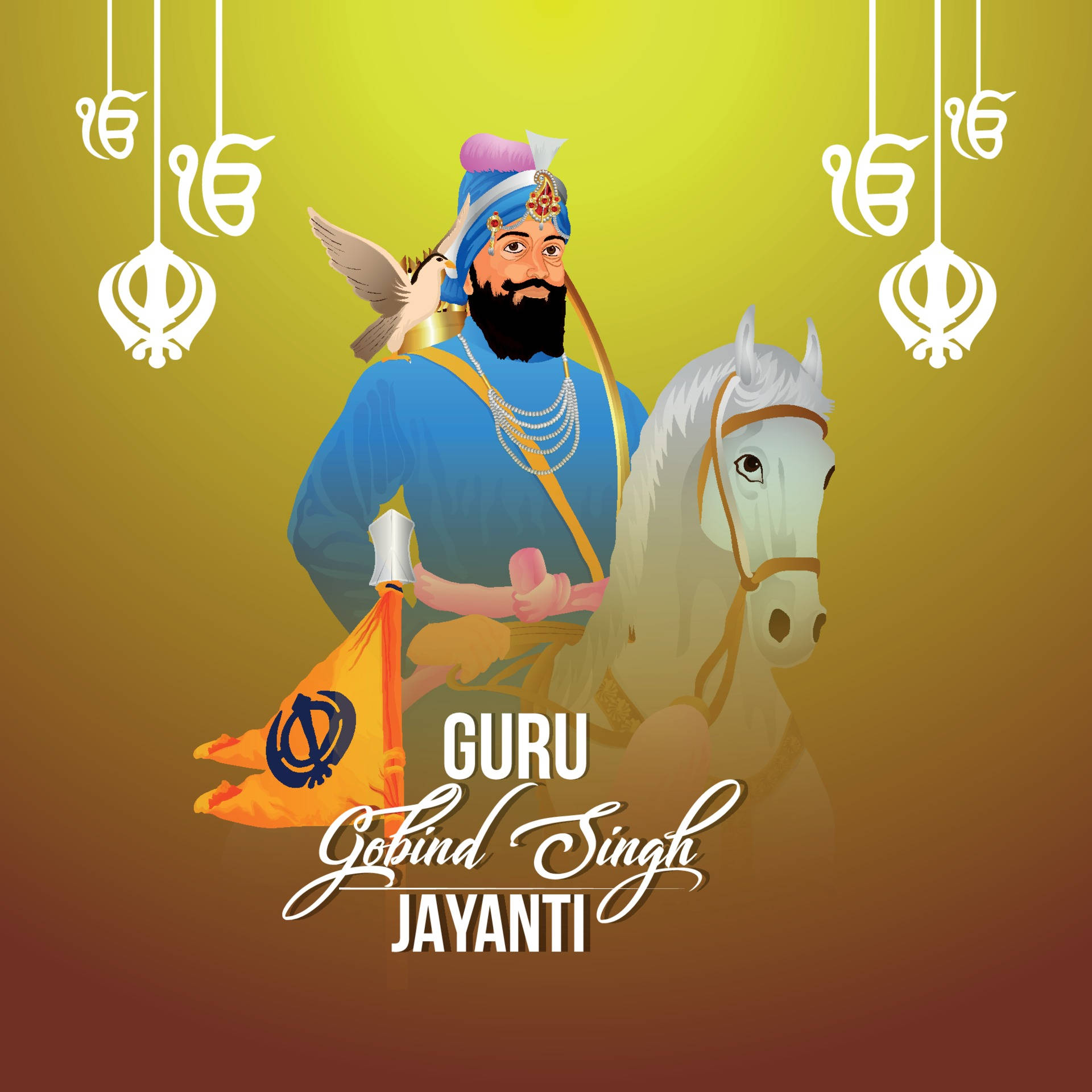 Guru Gobind Singh Ji, white horse, flag, Full HD Desktop Wallpaper