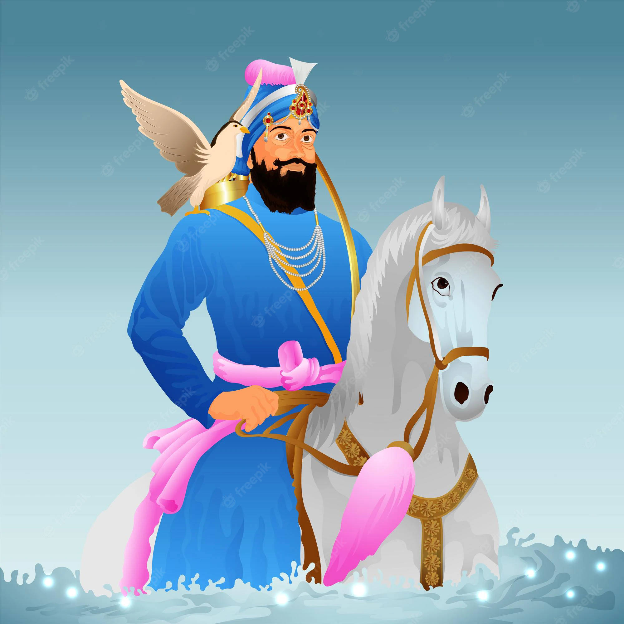 Guru Gobind Singh Ji, blue robes, turban, Full HD Desktop Wallpaper