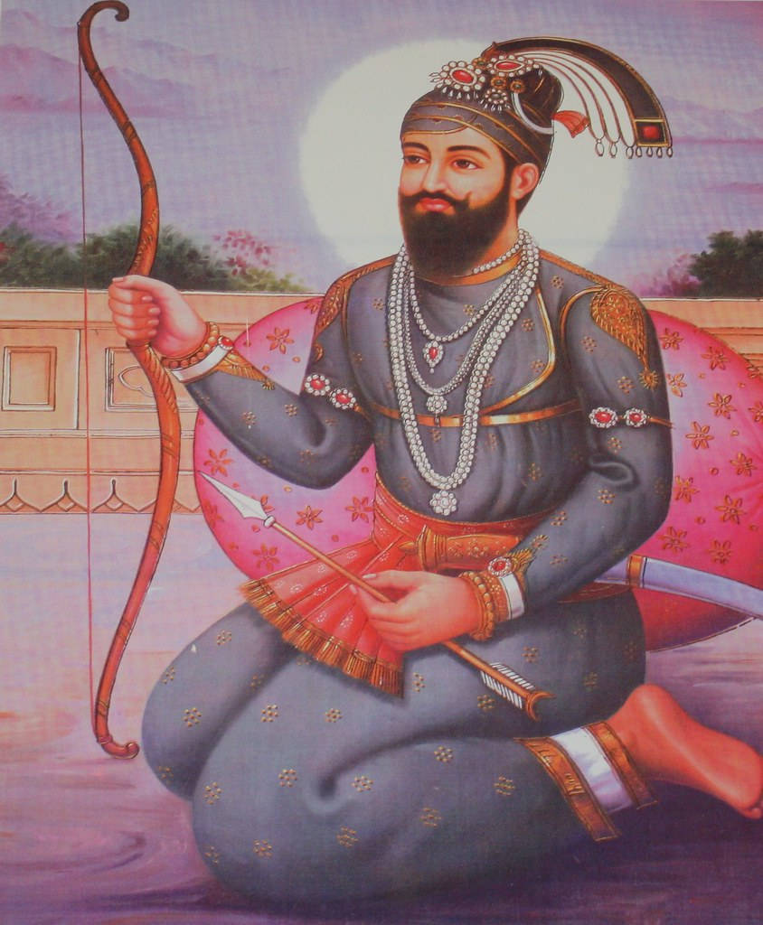 Guru Gobind Singh Ji, blue and pink attire, bow and arrow, SD Phone Wallpaper
