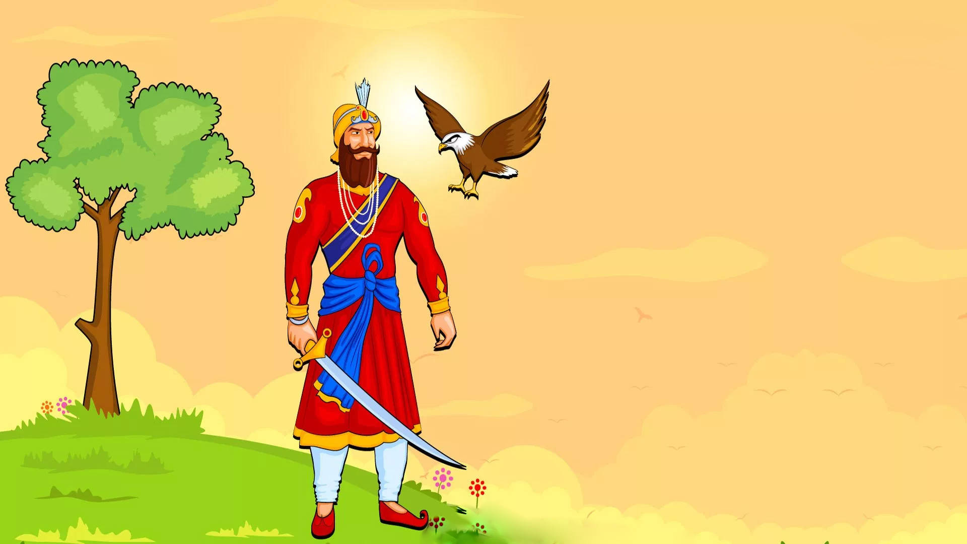 Guru Gobind Singh Ji, vibrant red and blue attire, sword, Full HD Desktop Wallpaper