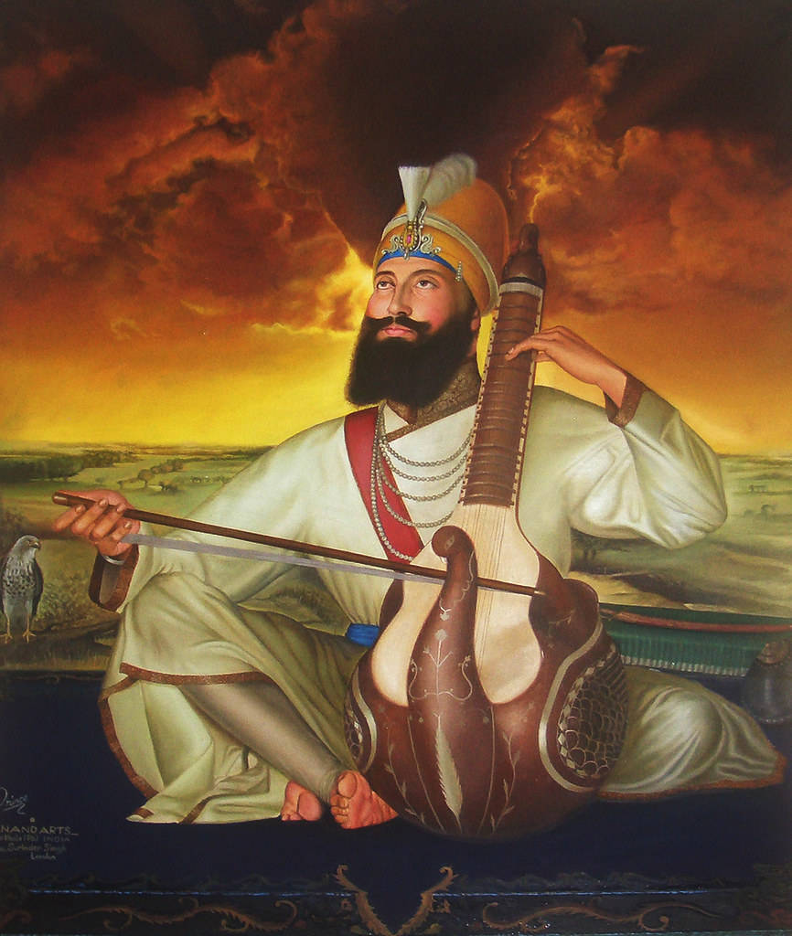 Guru Gobind Singh Ji, stringed instrument, fiery sunset sky, SD Phone Wallpaper