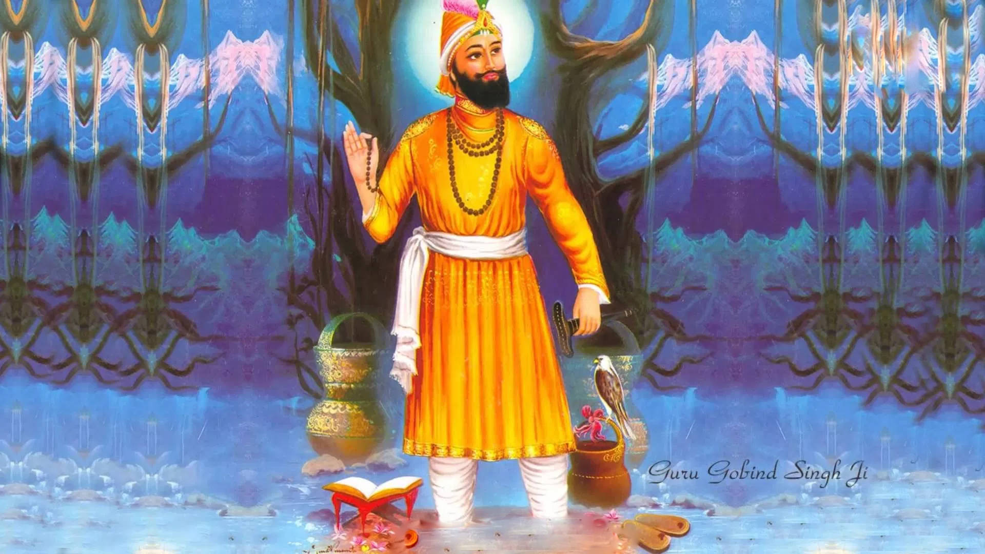 Guru Gobind Singh Ji, vibrant orange robes, mirrored blue mountain backdrop, Full HD Desktop Wallpaper