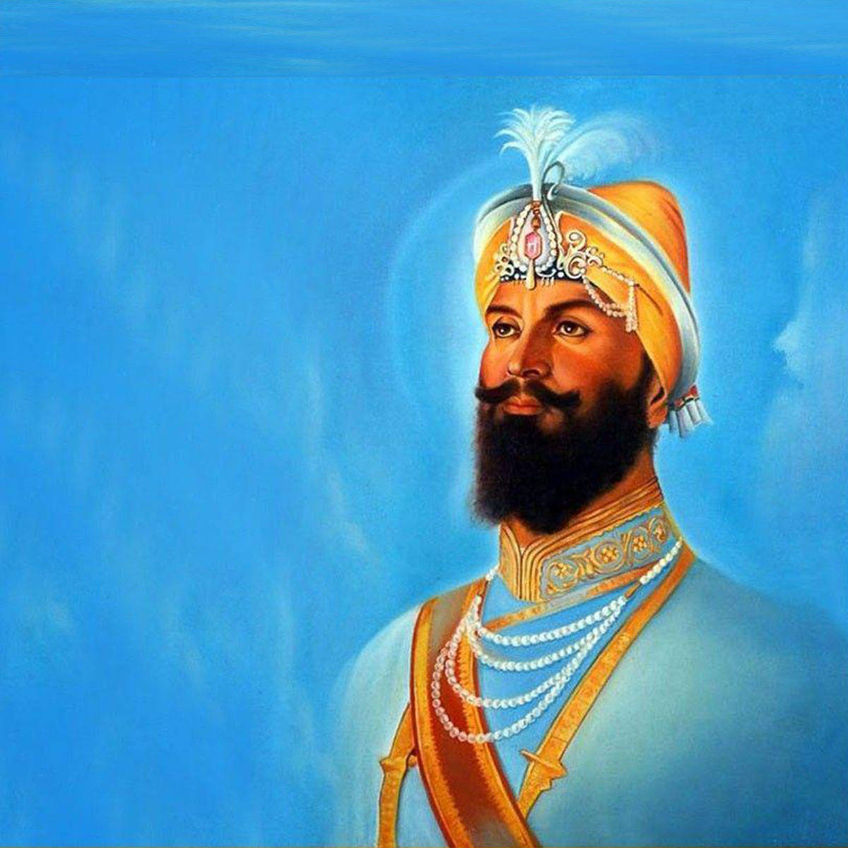 Guru Gobind Singh Ji, blue background, golden turban, SD Desktop Wallpaper