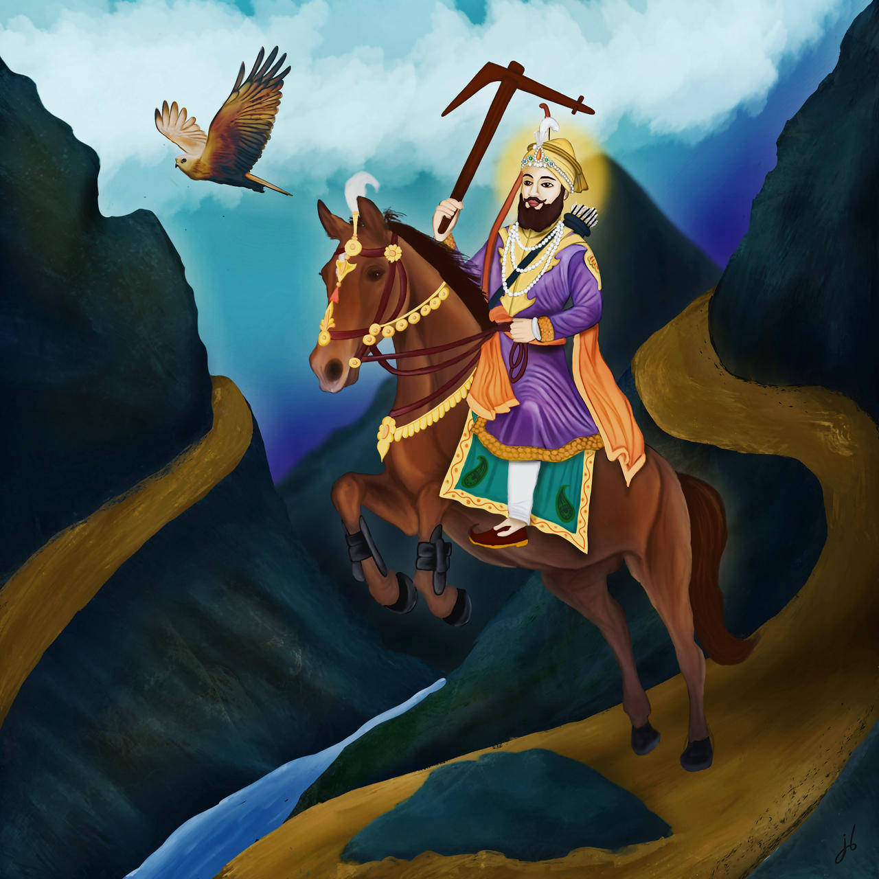 Guru Gobind Singh Ji, majestic horse, dramatic mountain pass, HD Desktop Wallpaper