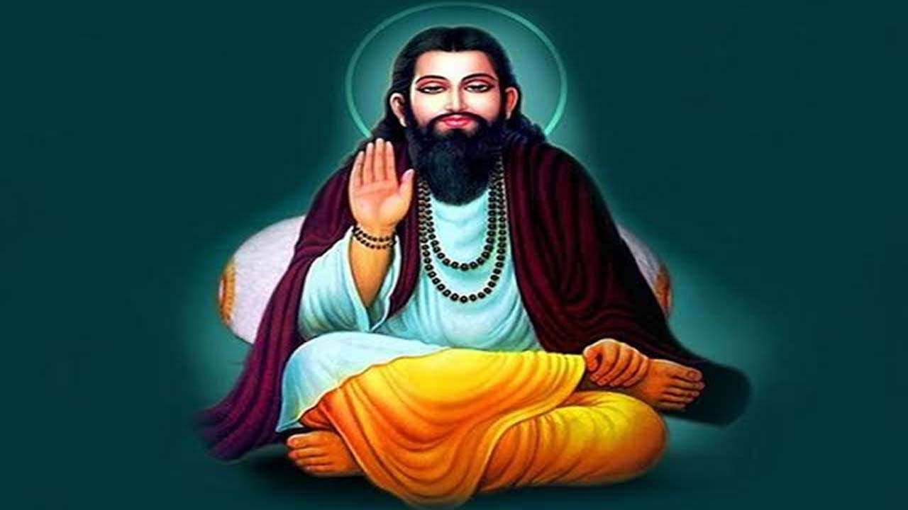 Guru Ravidass, maroon and yellow robes, glowing halo, HD Desktop Wallpaper