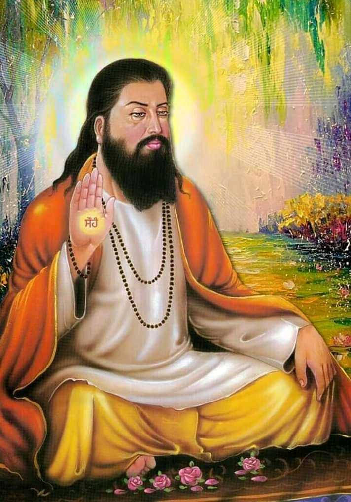 Guru Ravidass, orange and yellow robes, bearded sage, SD Phone Wallpaper