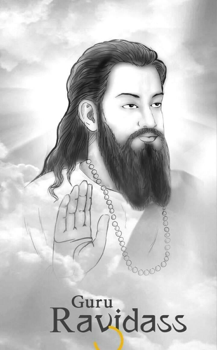 Guru Ravidass, pencil portrait illustration, long hair, SD Phone Wallpaper
