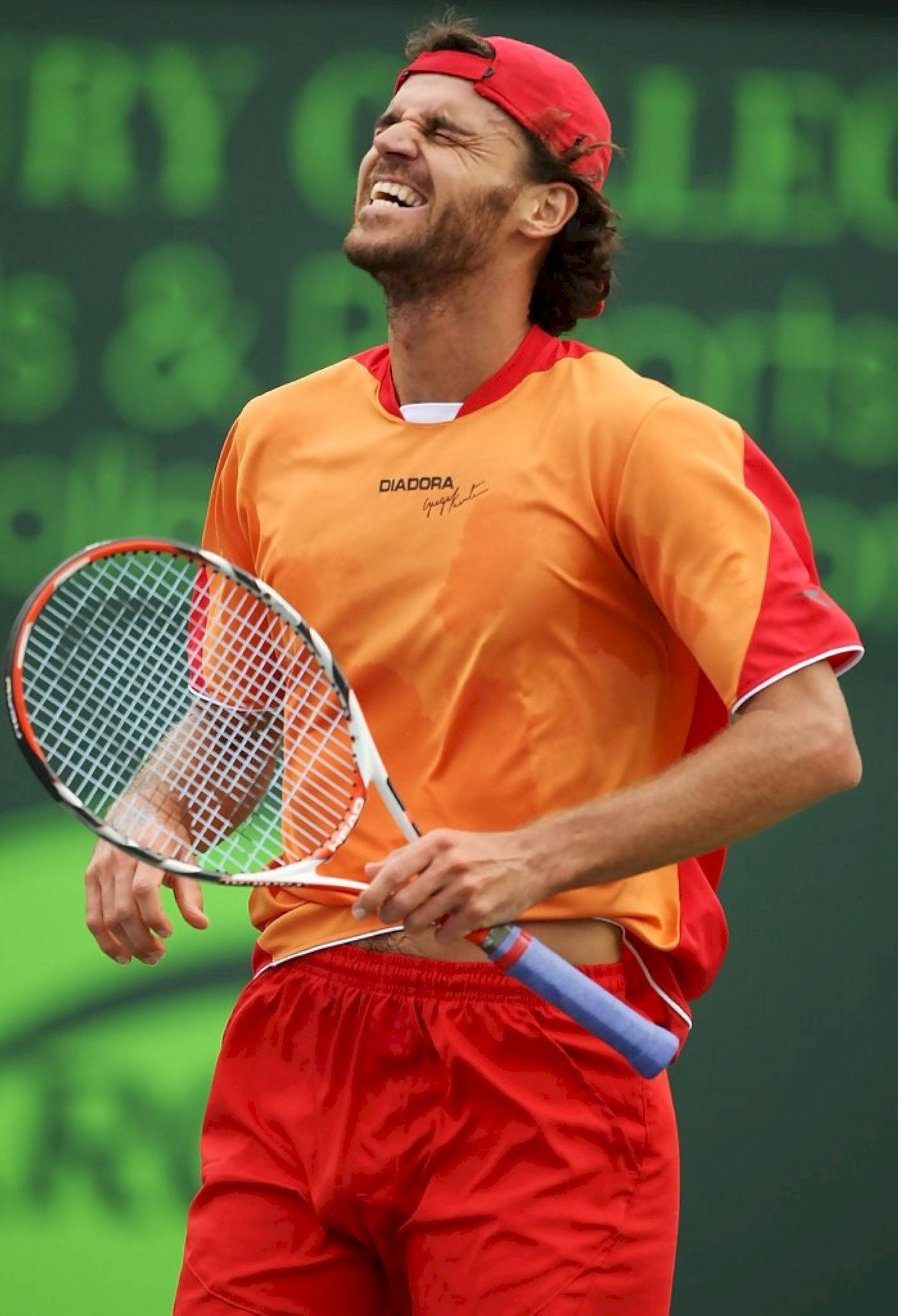 Gustavo Kuerten, red and orange gear, racket, Full HD Phone Wallpaper