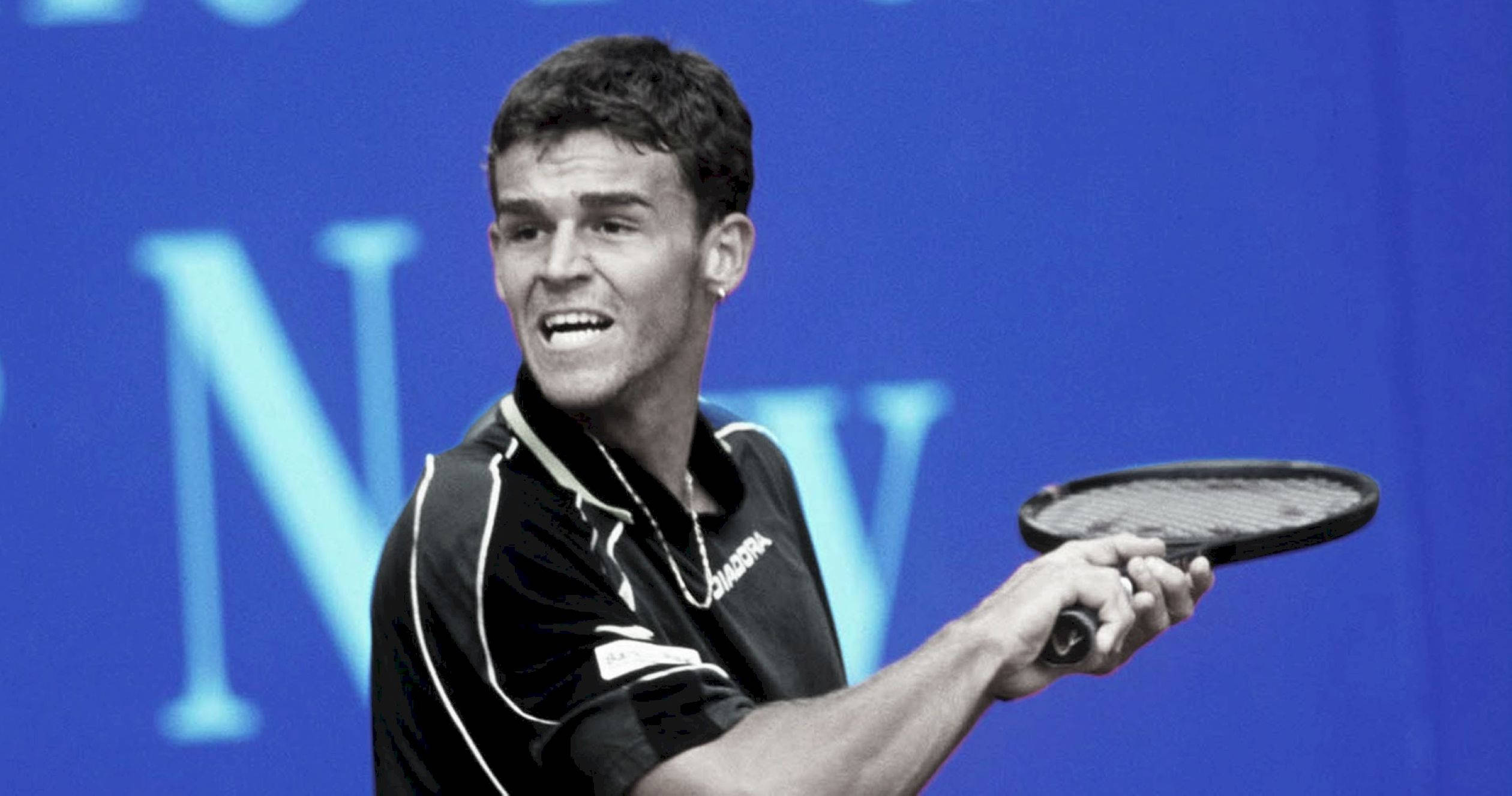 Gustavo Kuerten, black shirt, blue backdrop, Full HD Desktop Wallpaper