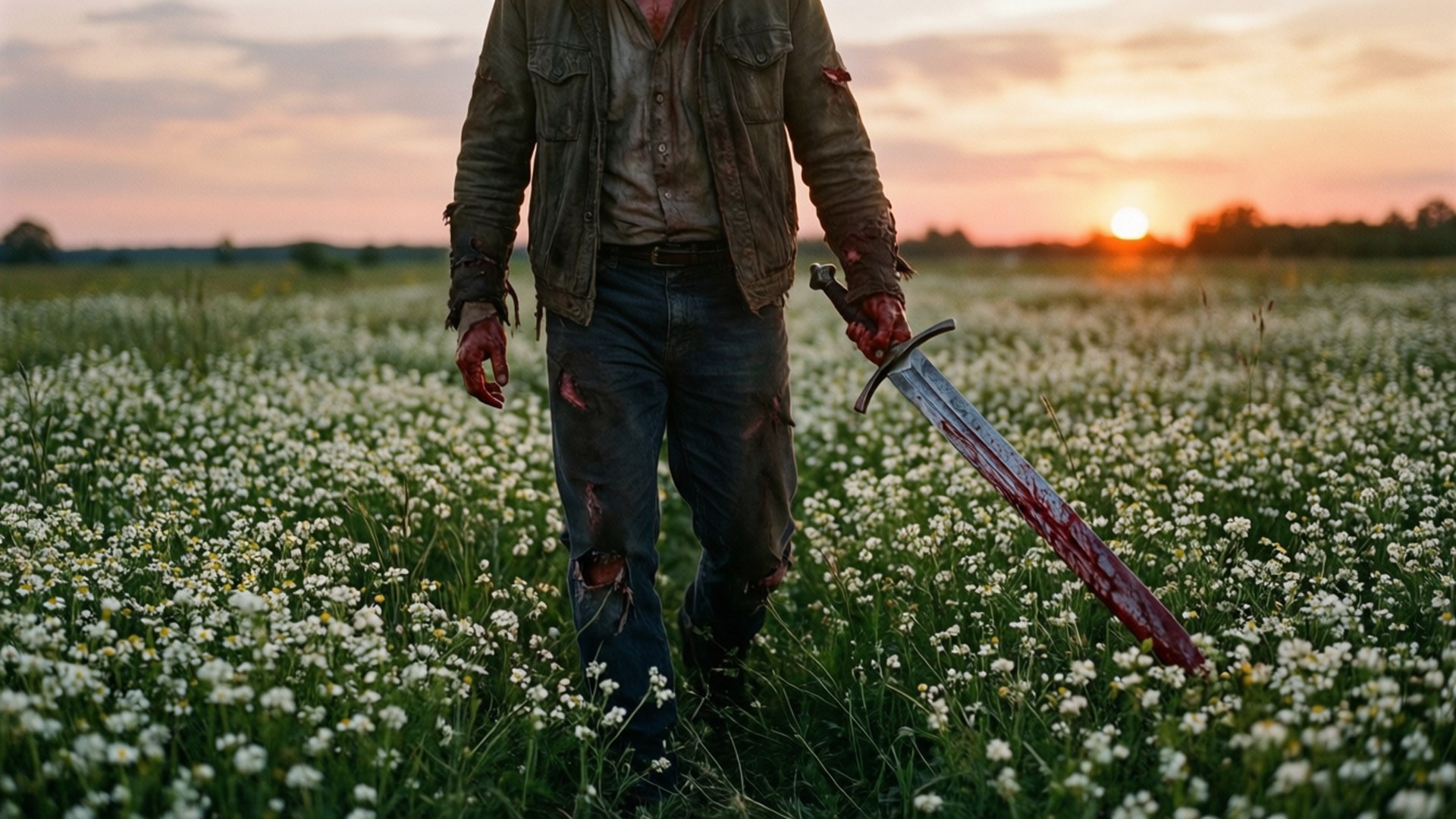 Guts, flower field, sunset hues, Full HD Desktop Wallpaper