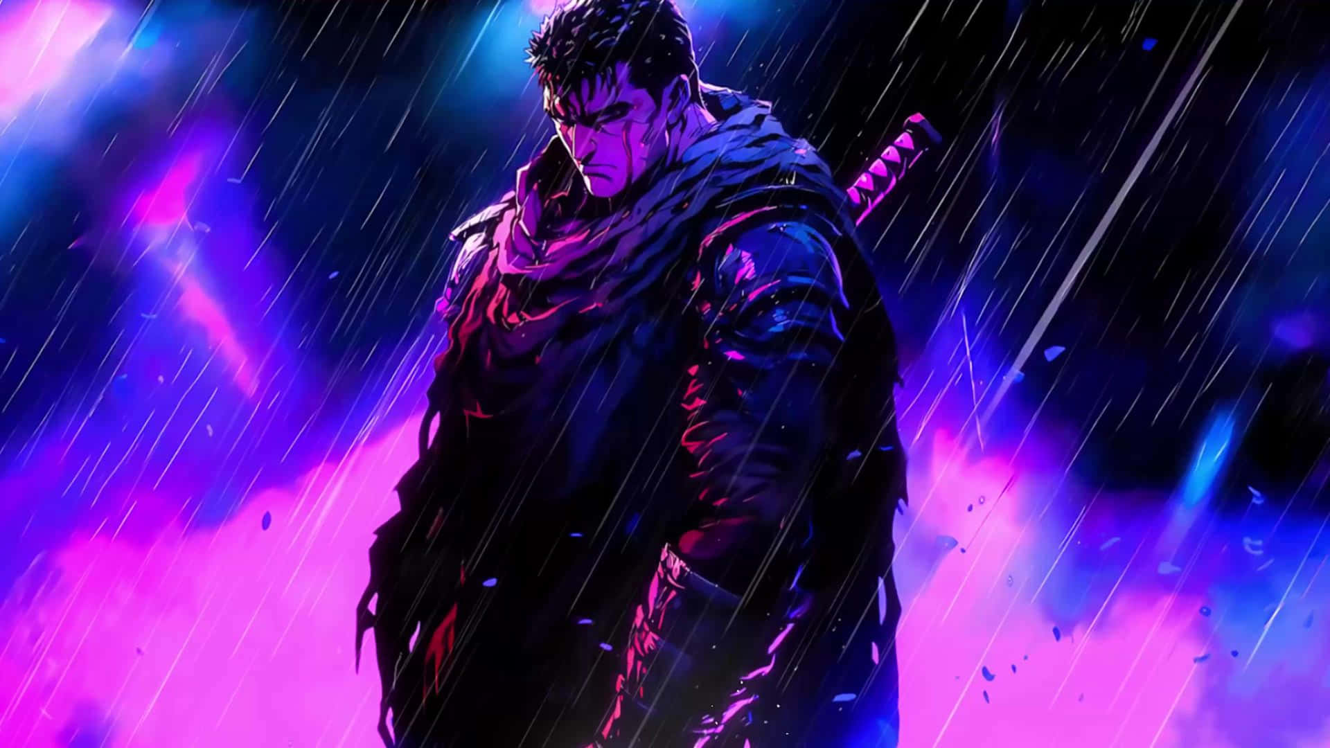 Guts, neon rainstorm, purple and blue lights, Full HD Desktop Wallpaper