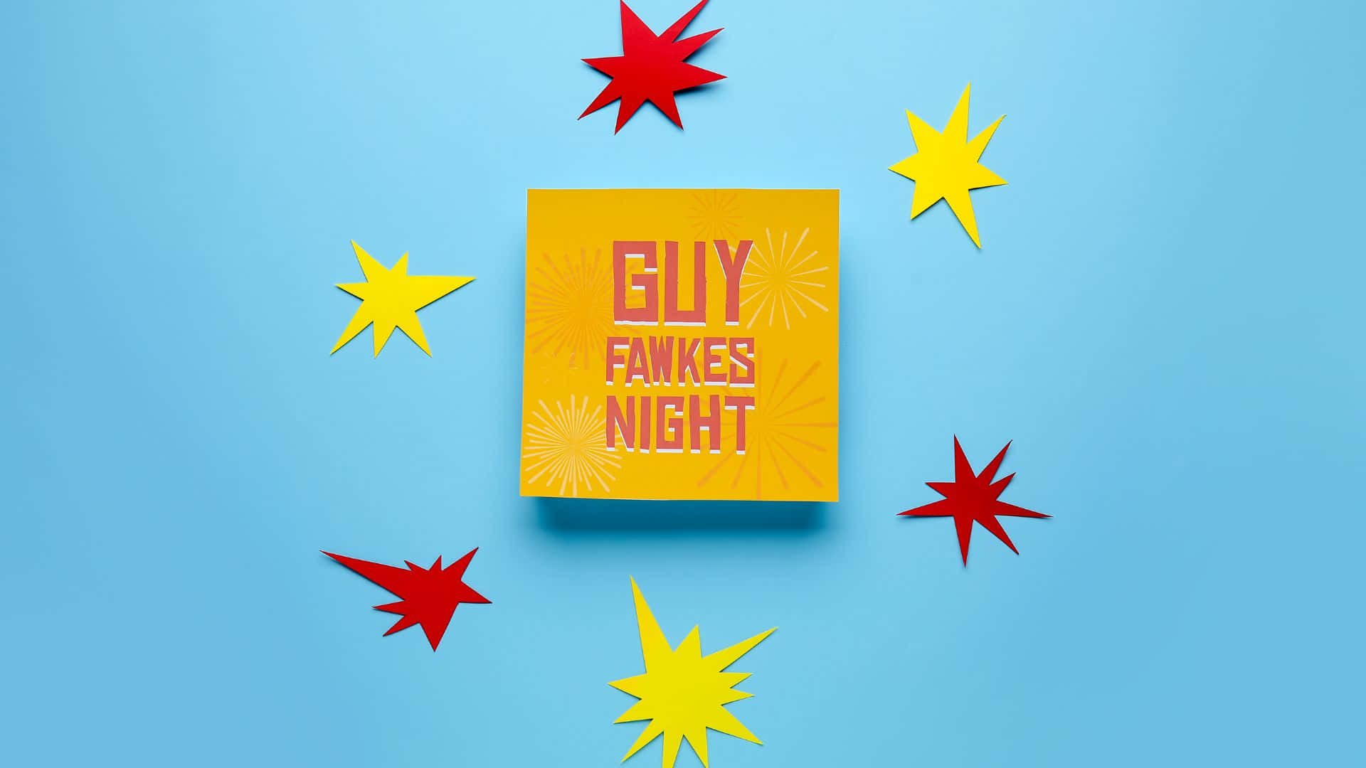 Guy Fawkes Night, yellow square sign, red and yellow paper stars, Full HD Desktop Wallpaper