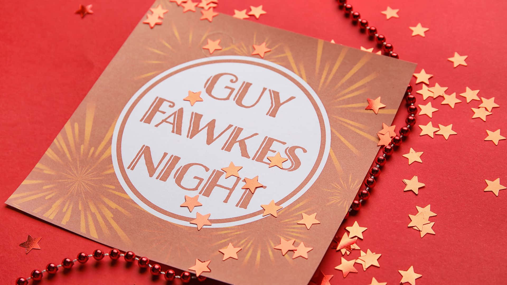 Guy Fawkes Night, gold fireworks, red background, Full HD Desktop Wallpaper