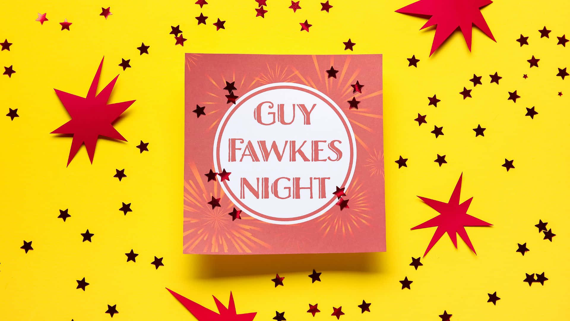 Guy Fawkes Night, yellow background, red and black paper stars, Full HD Desktop Wallpaper