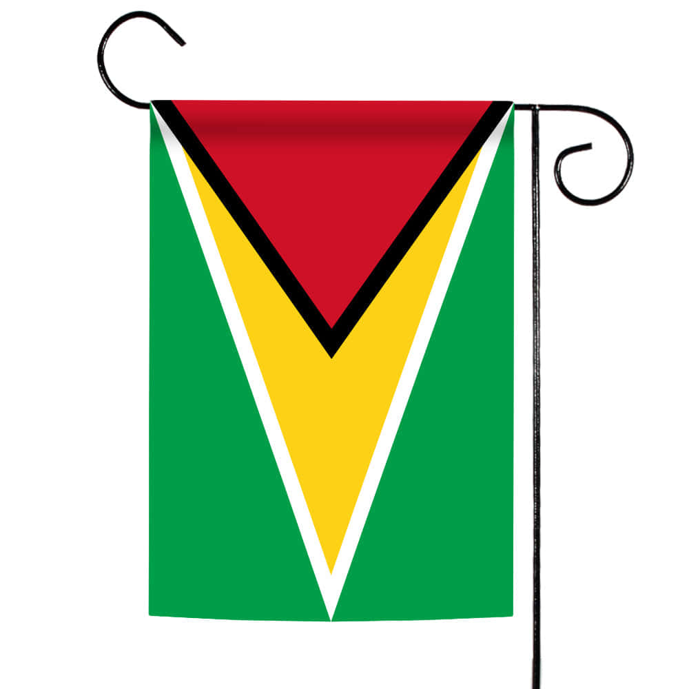 Guyana flag, red yellow and green triangles, black metal garden flagpole, SD Desktop Wallpaper