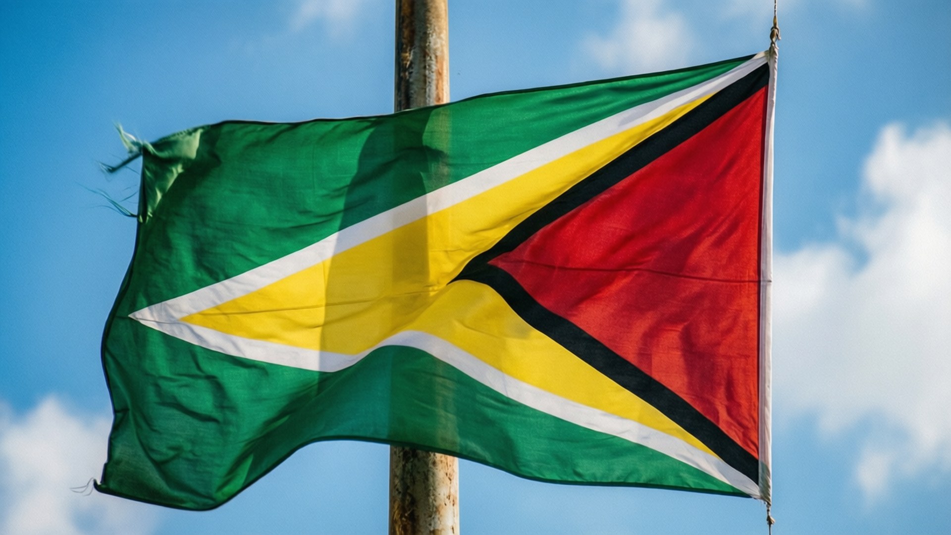 Flag of Guyana, waving, clear blue sky, Full HD Desktop Wallpaper